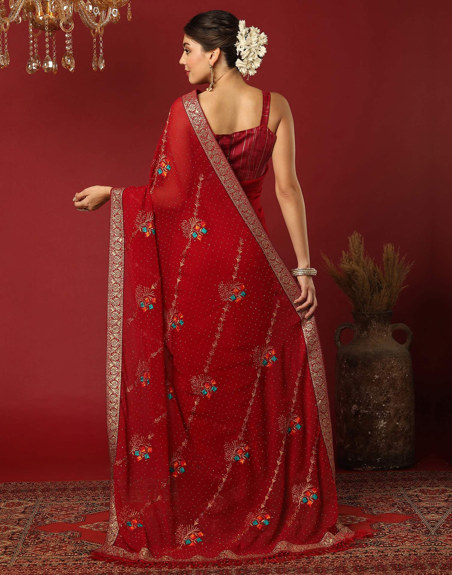 Red Georgette Stone Work Swarovski Saree