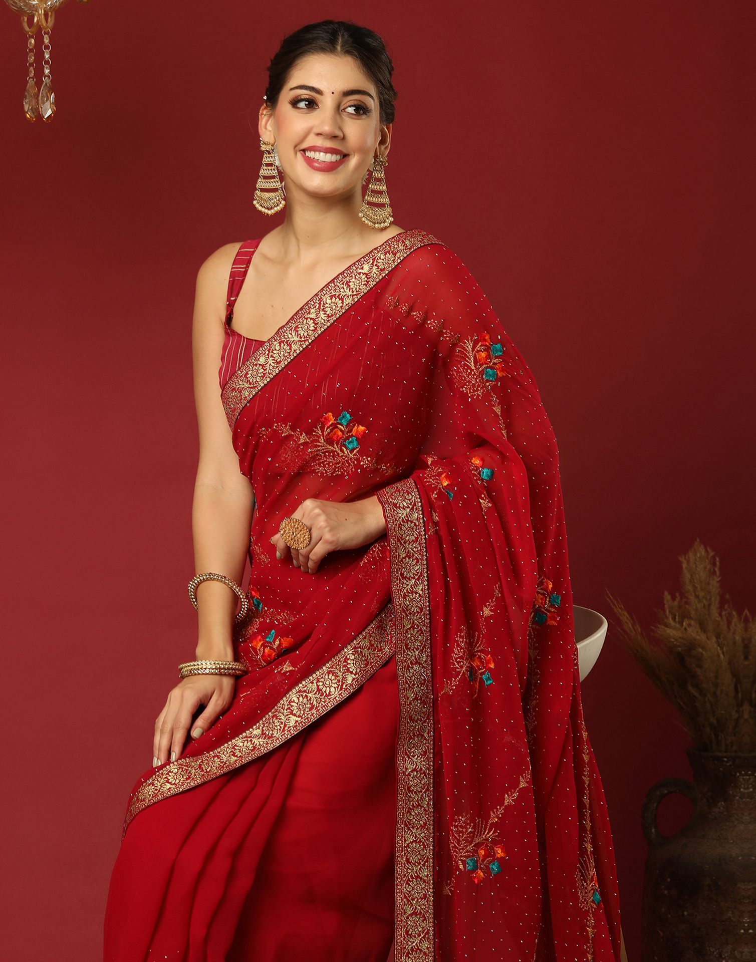 Red Georgette Stone Work Swarovski Saree