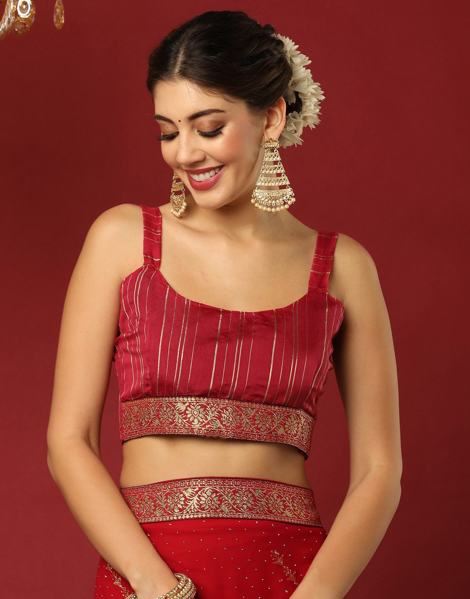 Red Georgette Stone Work Swarovski Saree