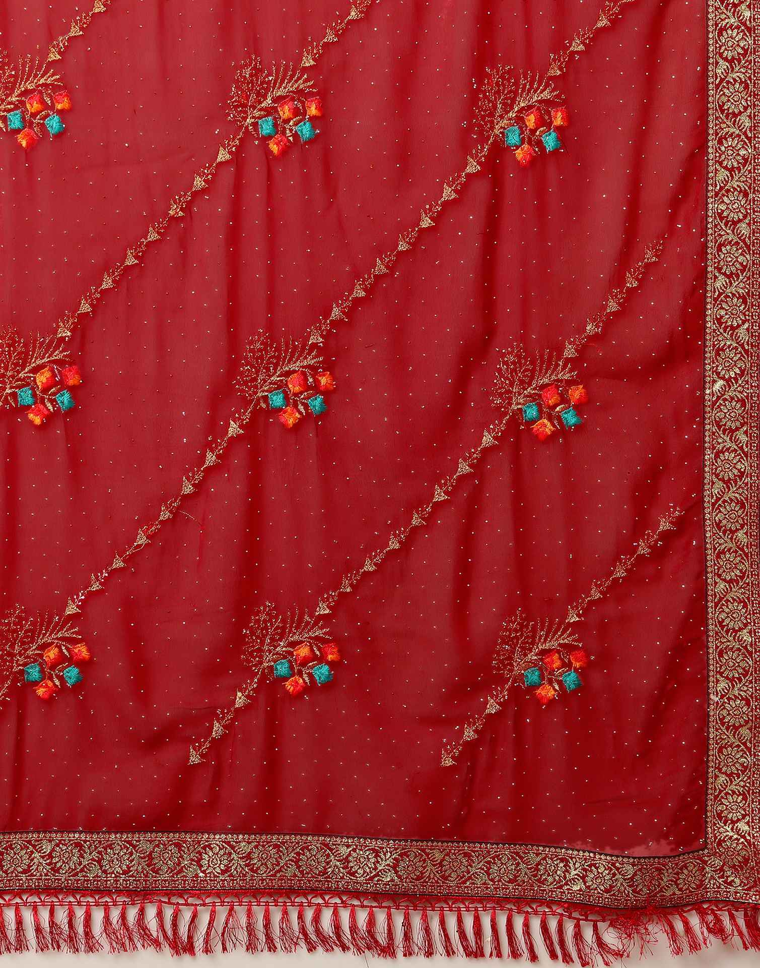 Red Georgette Stone Work Swarovski Saree