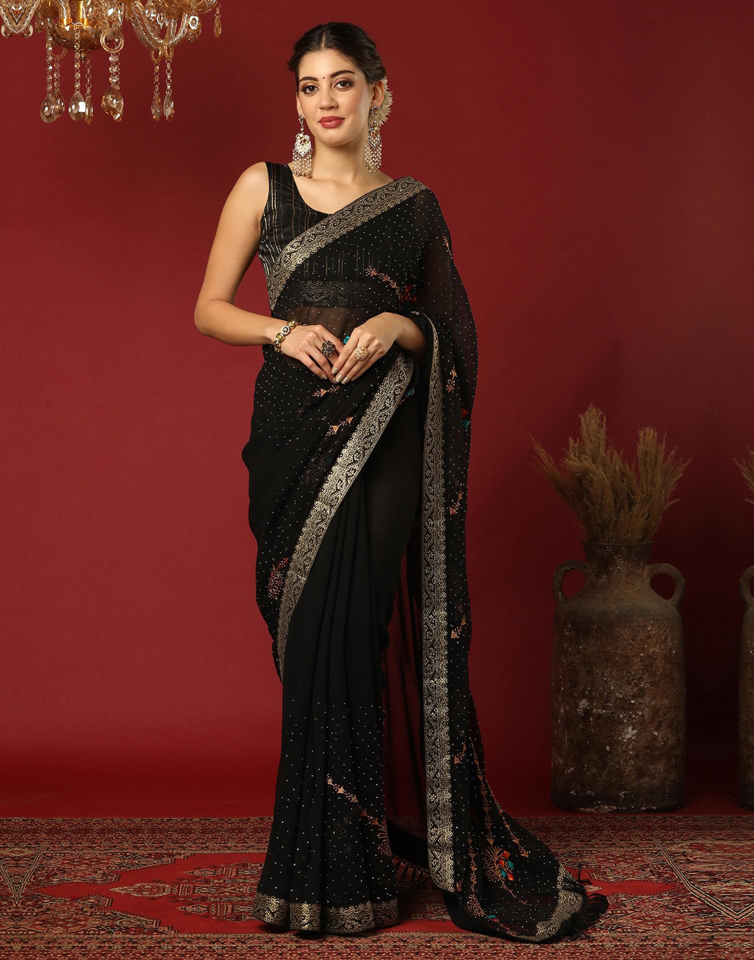 Black Georgette Stone Work Swarovski Saree