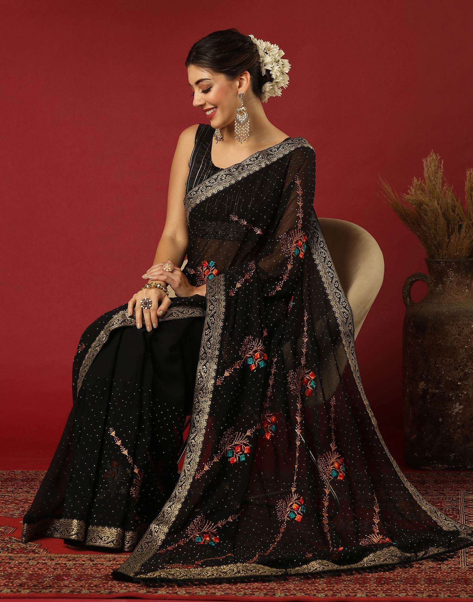 Black Georgette Stone Work Swarovski Saree