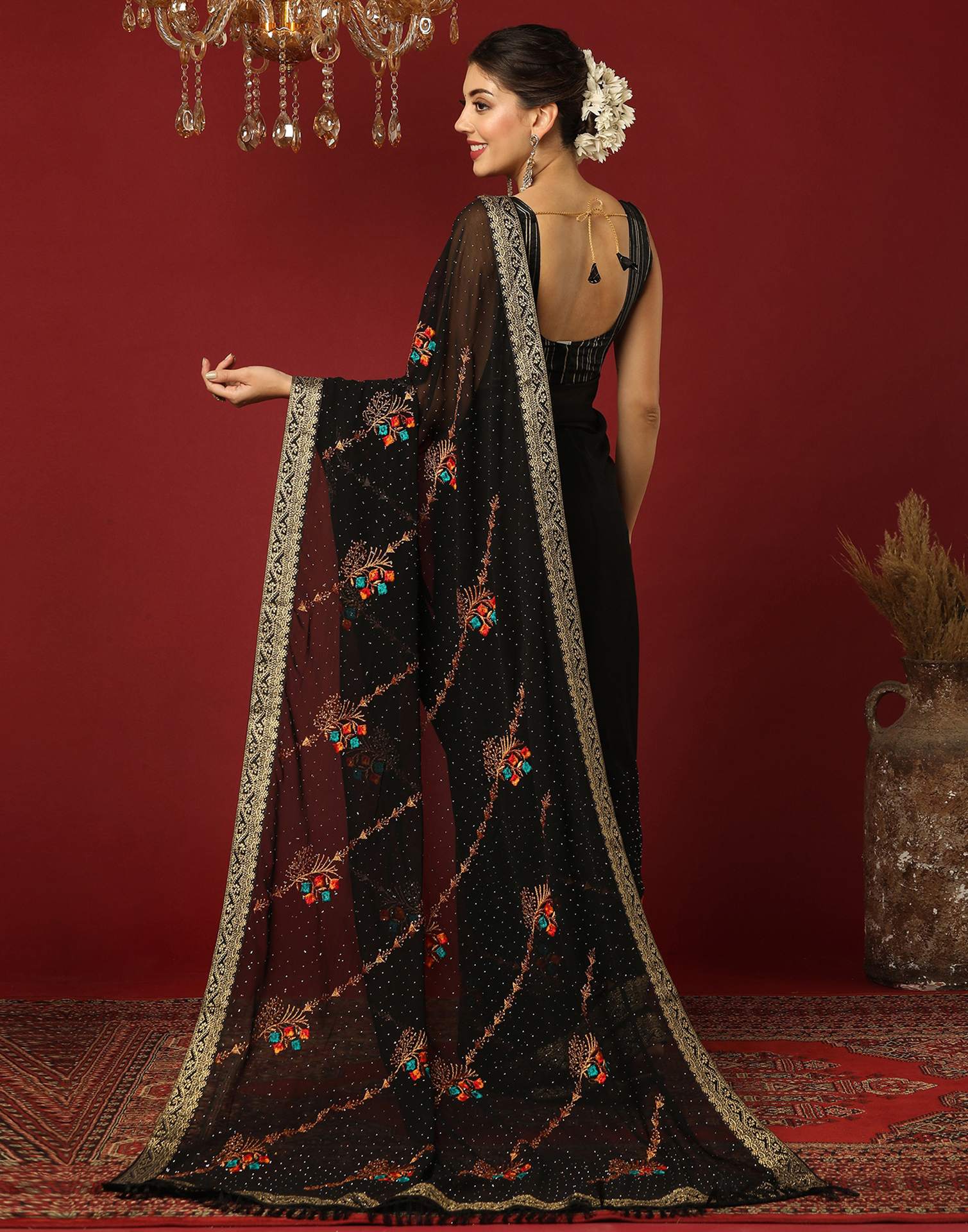 Black Georgette Stone Work Swarovski Saree