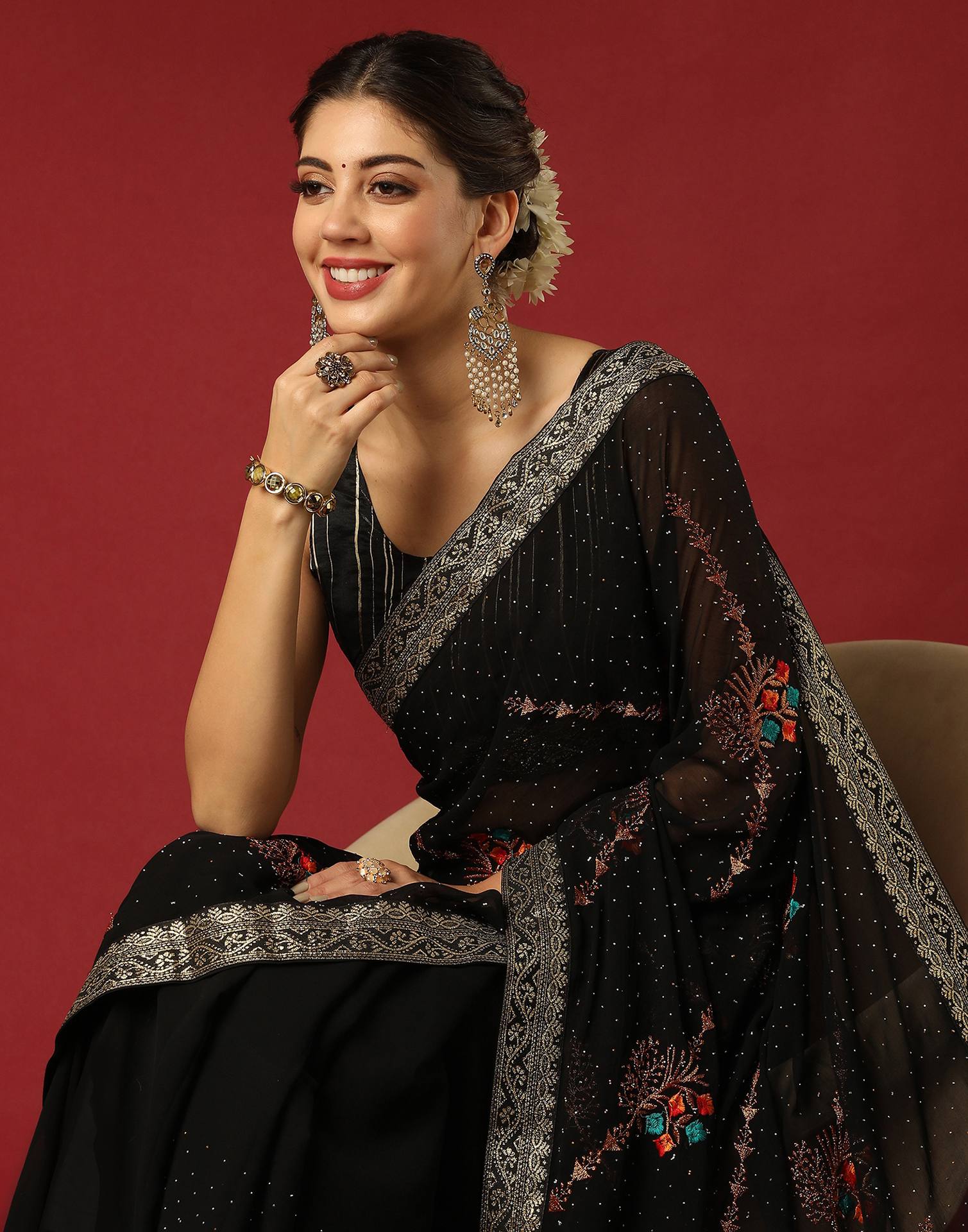 Black Georgette Stone Work Swarovski Saree