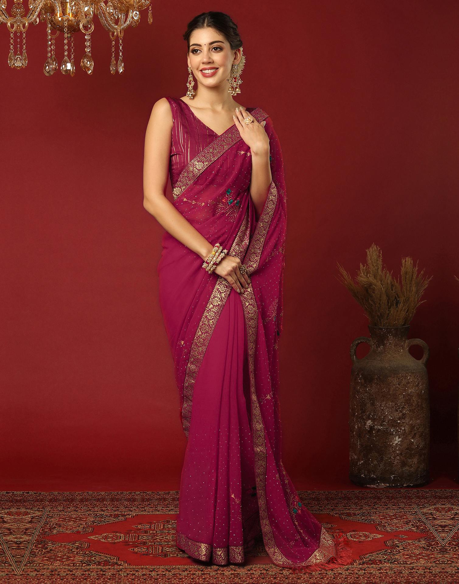 Dark Rani Pink Georgette Stone Work Swarovski Saree
