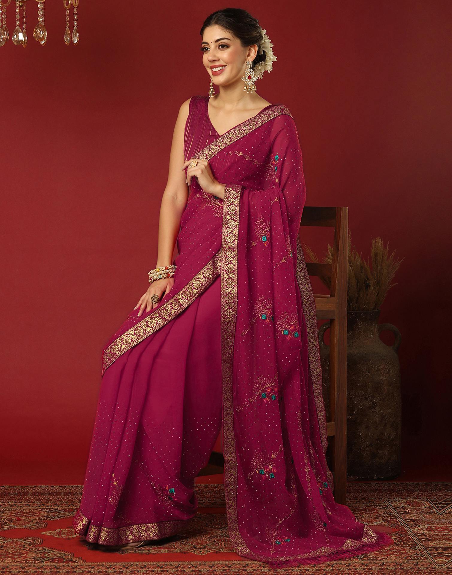 Dark Rani Pink Georgette Stone Work Swarovski Saree