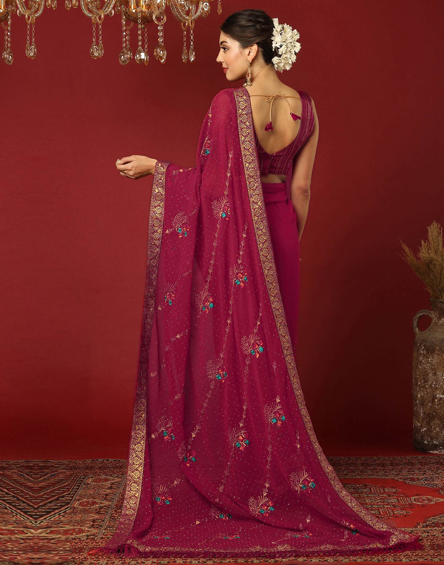 Dark Rani Pink Georgette Stone Work Swarovski Saree