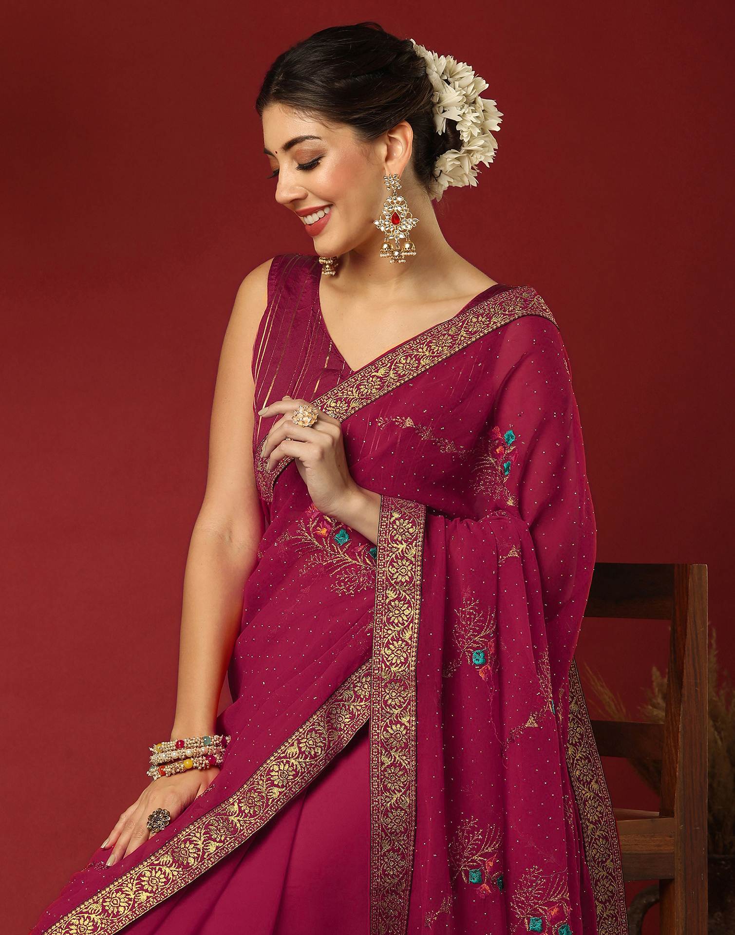 Dark Rani Pink Georgette Stone Work Swarovski Saree