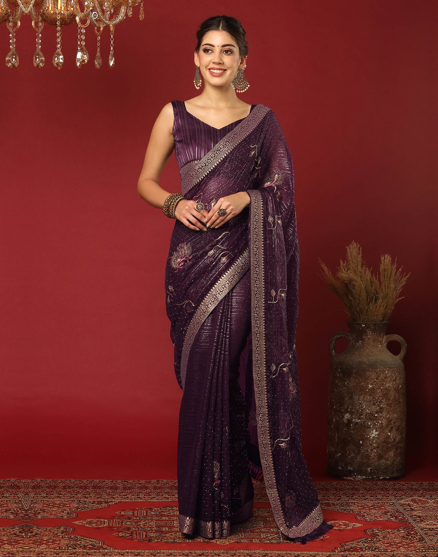 Wine Georgette Stone Work Embellished Saree