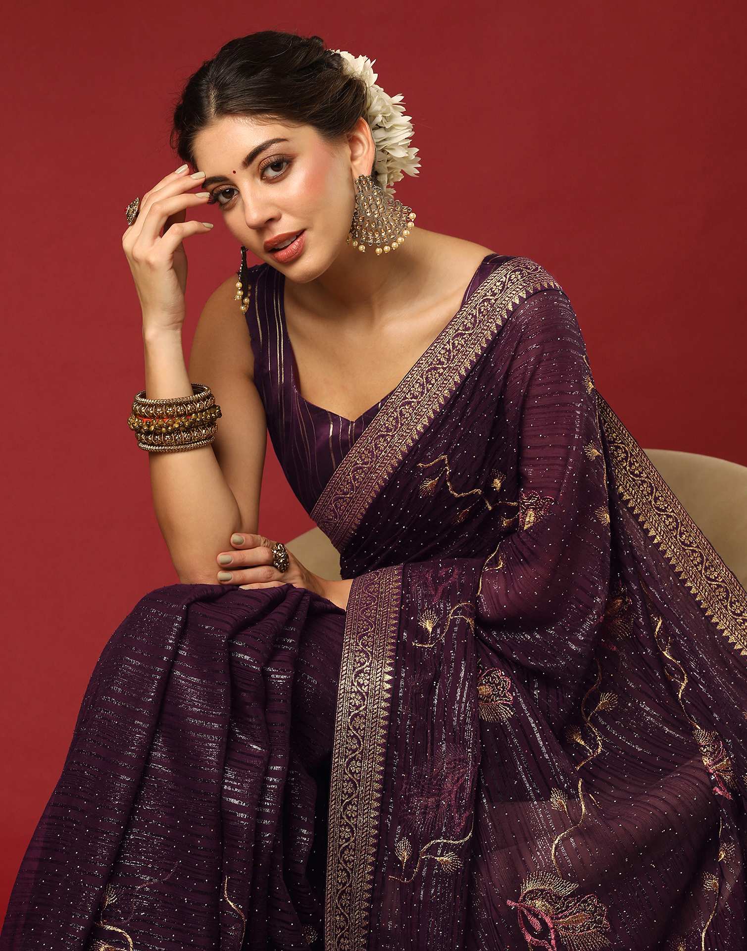 Wine Georgette Stone Work Embellished Saree