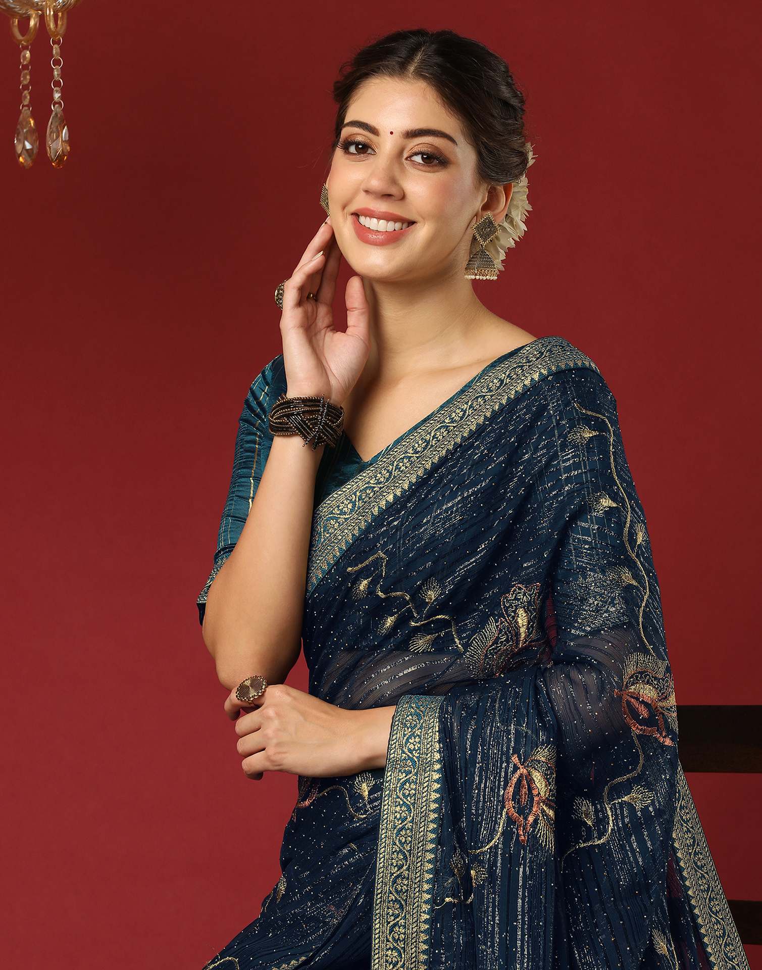 Rama Blue Georgette Stone Work Embellished Saree