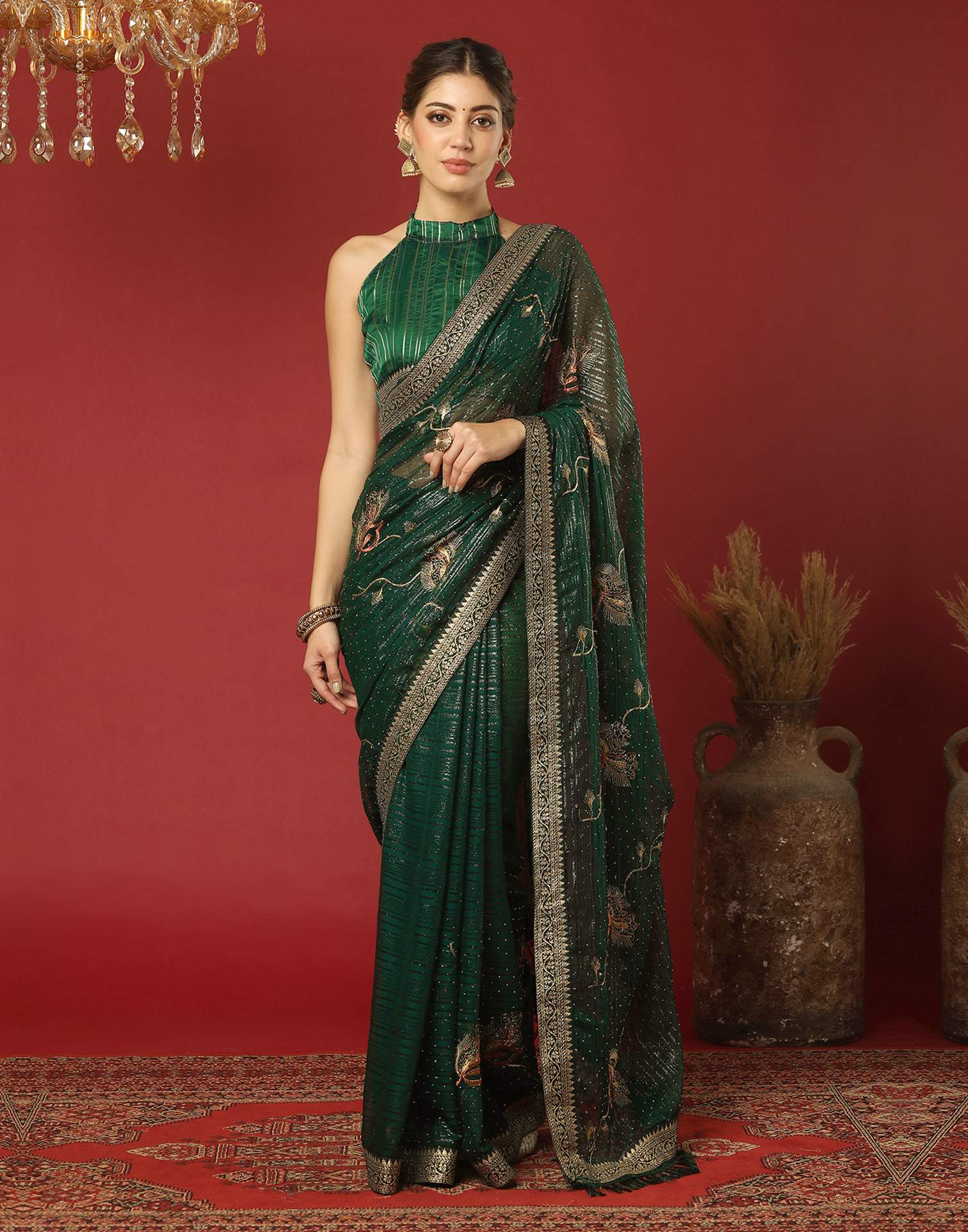 Dark Green Georgette Stone Work Embellished Saree