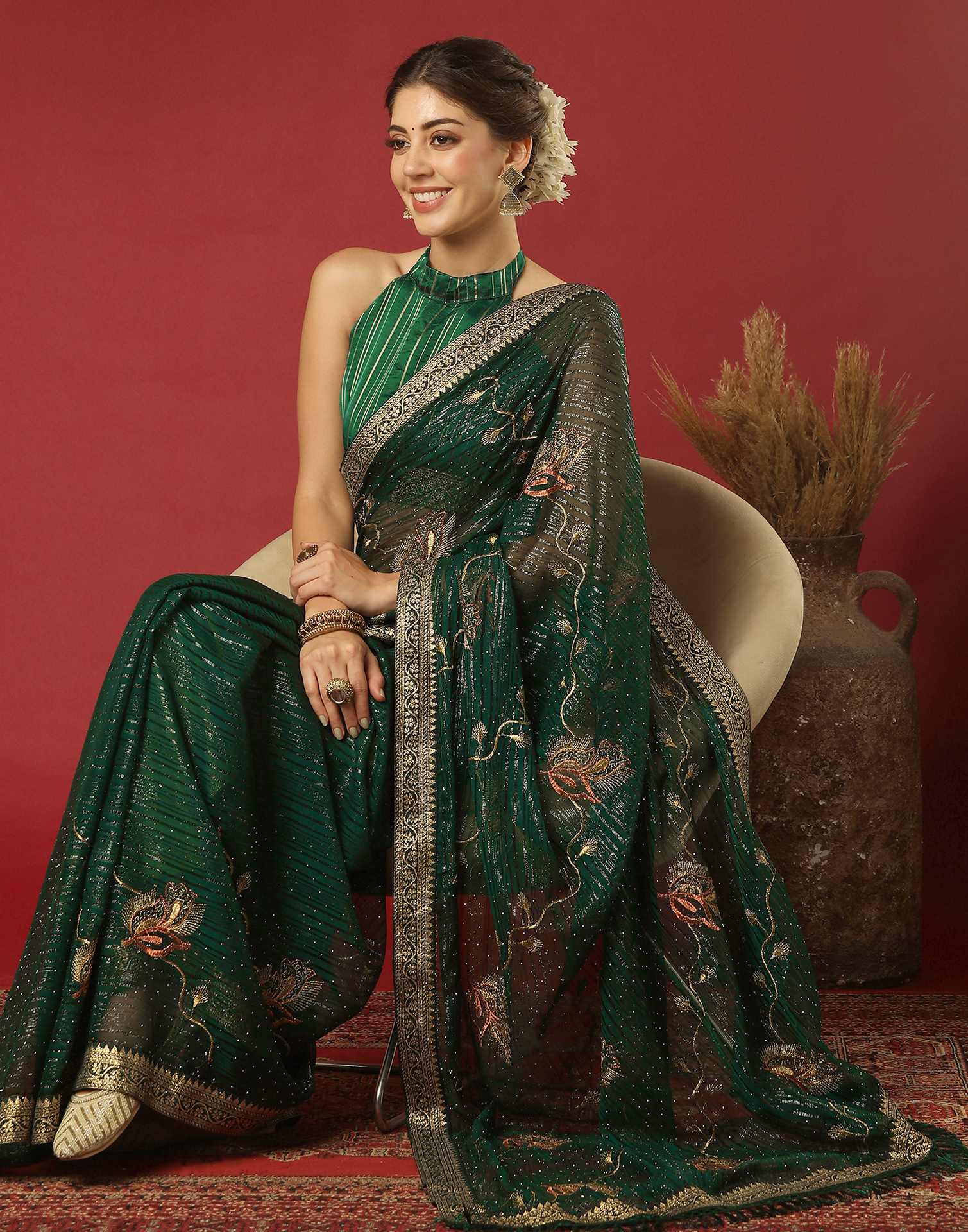 Dark Green Georgette Stone Work Embellished Saree