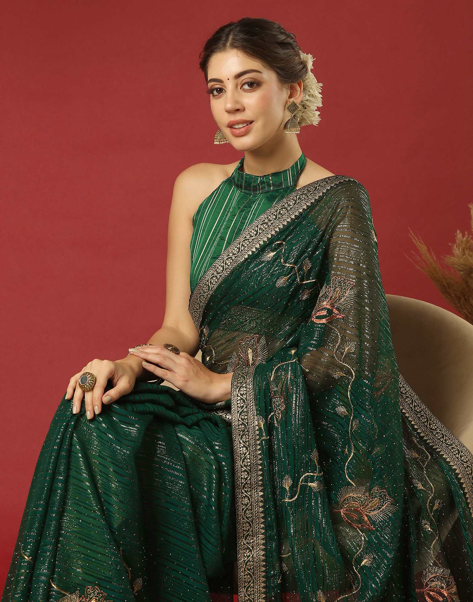 Dark Green Georgette Stone Work Embellished Saree