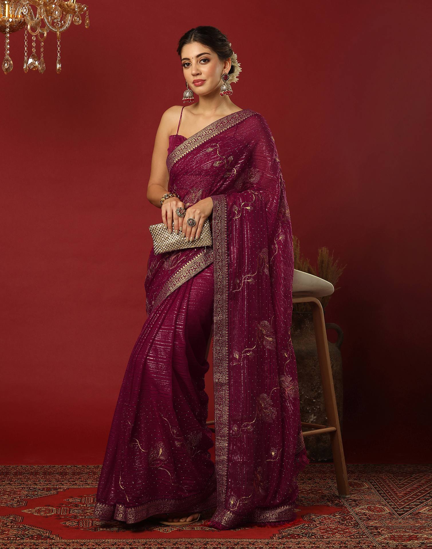 Rani Pink Georgette Stone Work Embellished Saree
