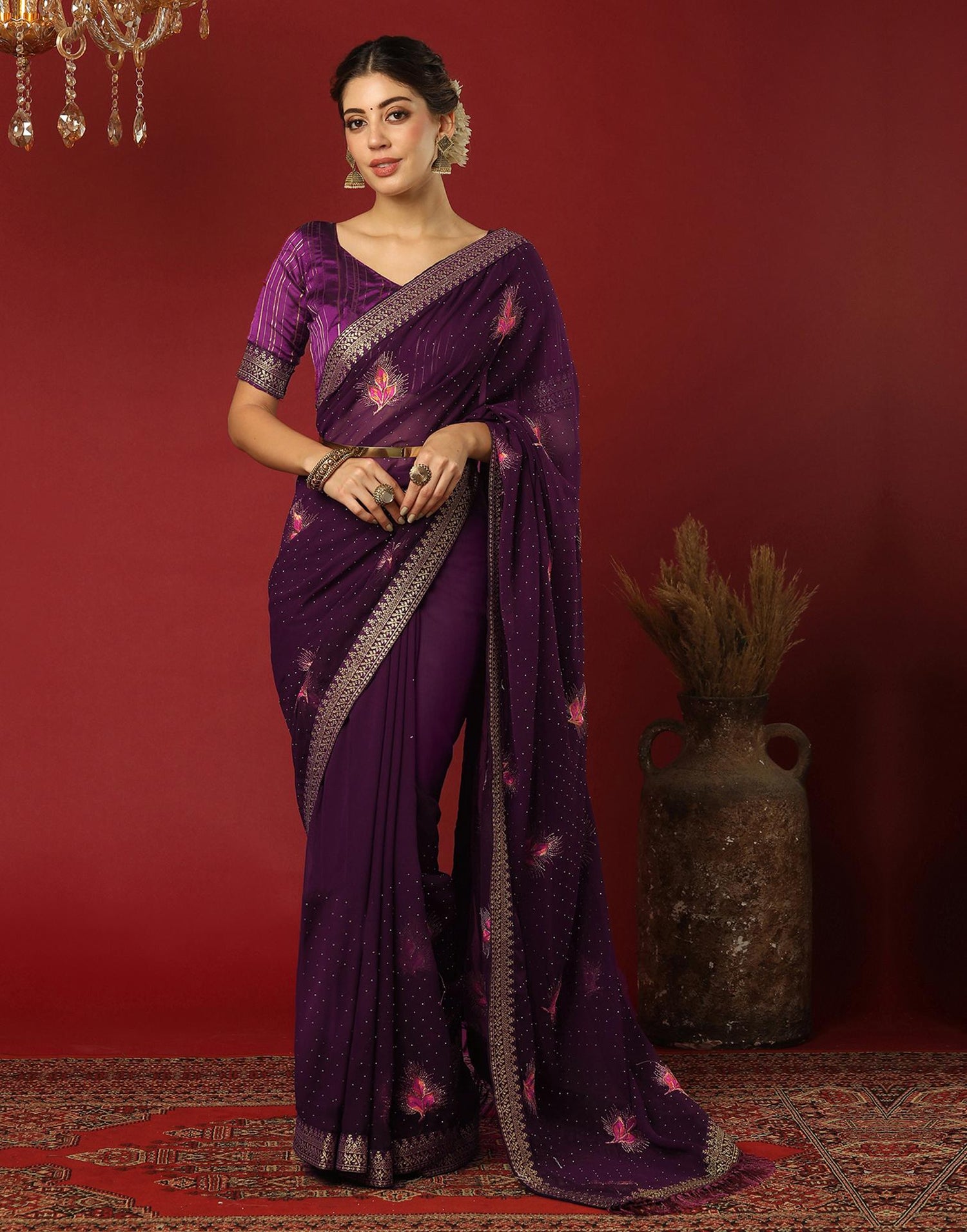 Dark Purple Georgette Stone Work Swarovski Saree