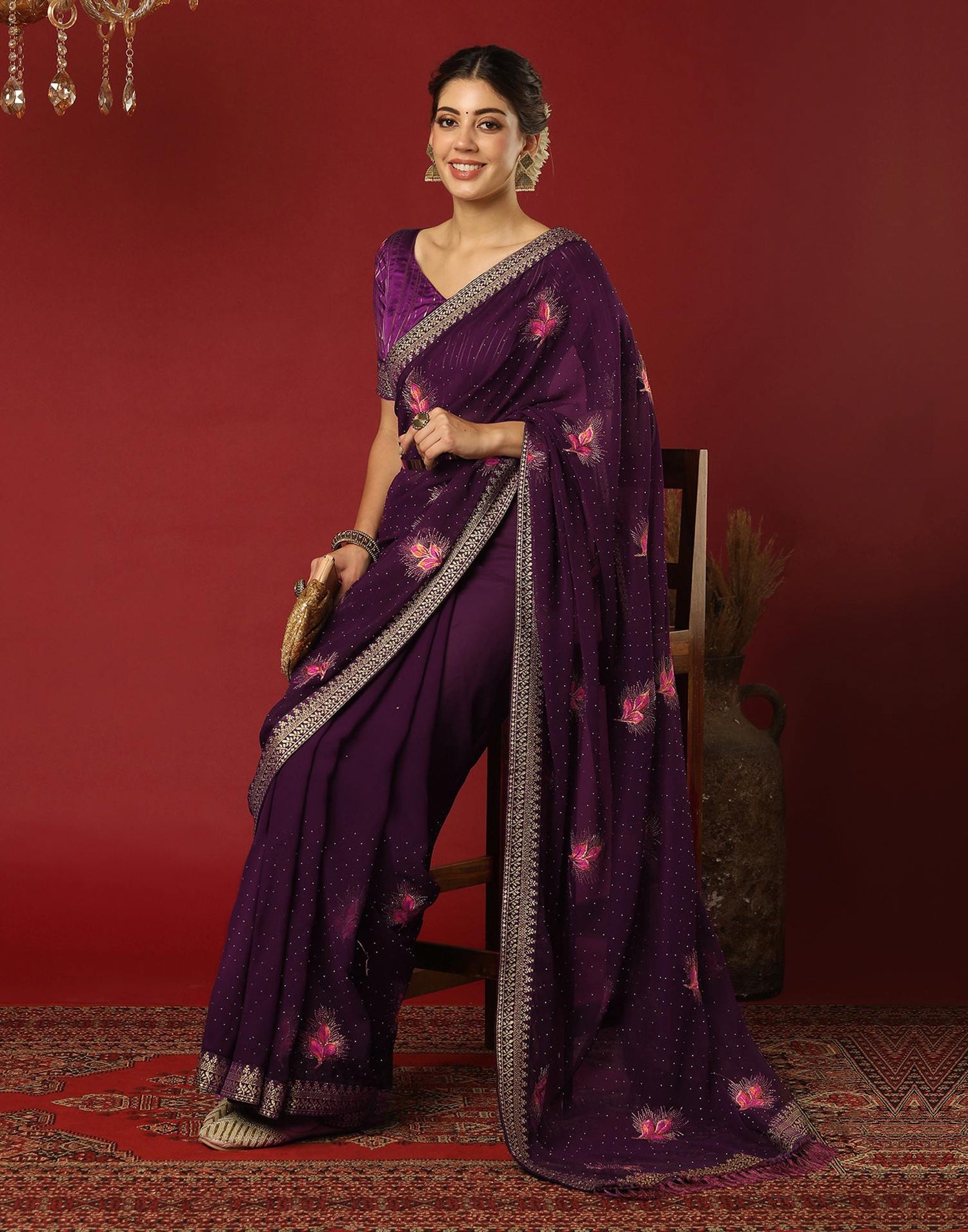 Dark Purple Georgette Stone Work Swarovski Saree