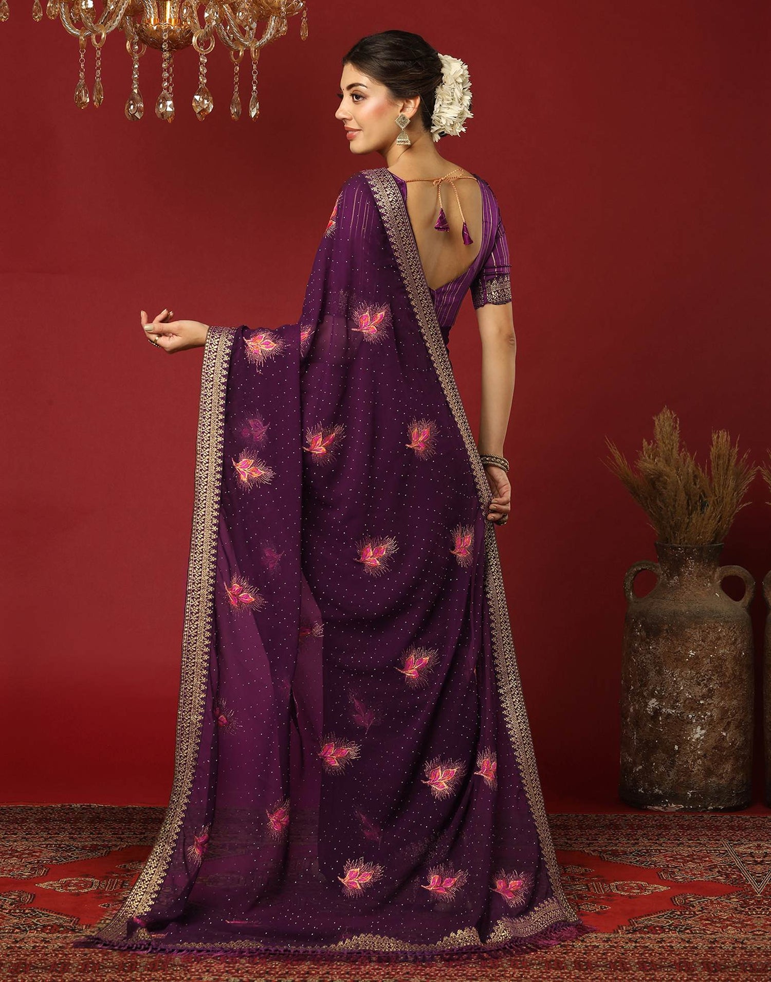 Dark Purple Georgette Stone Work Swarovski Saree