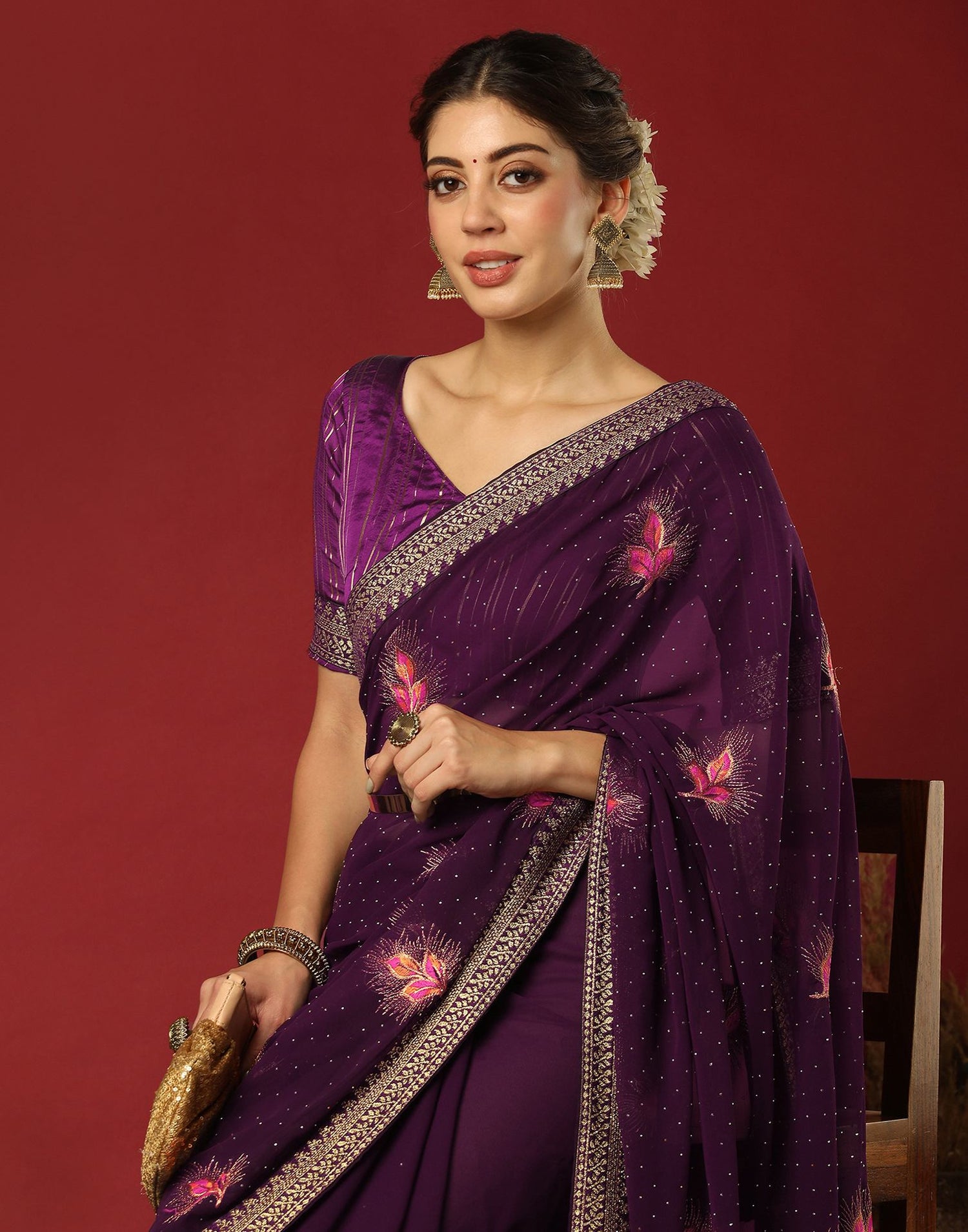 Dark Purple Georgette Stone Work Swarovski Saree