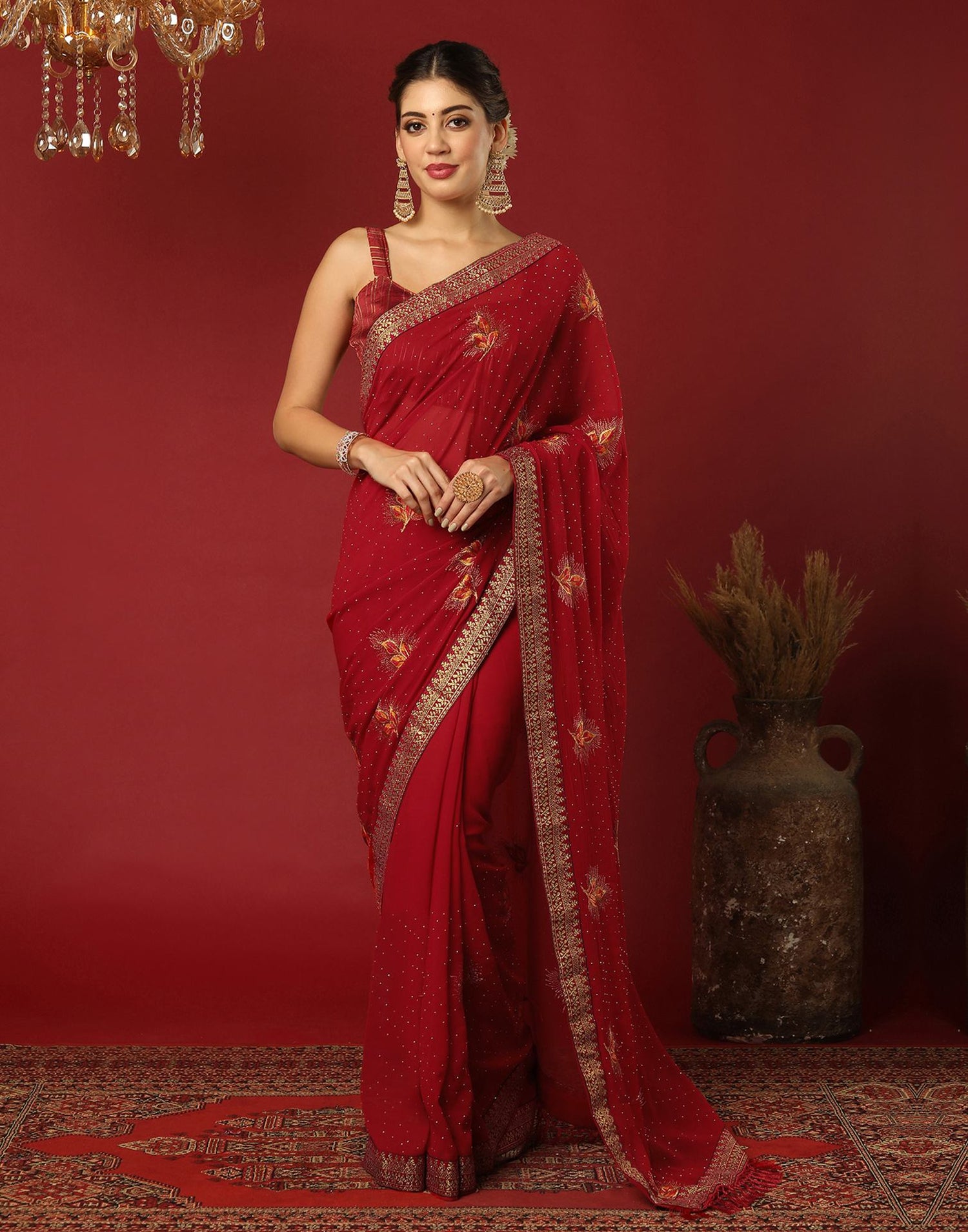 Red Georgette Stone Work Swarovski Saree