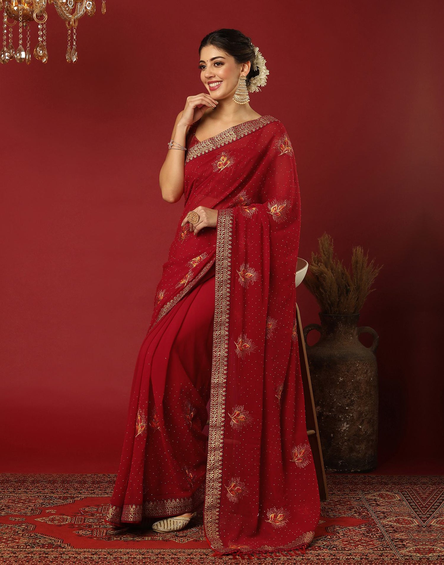 Red Georgette Stone Work Swarovski Saree