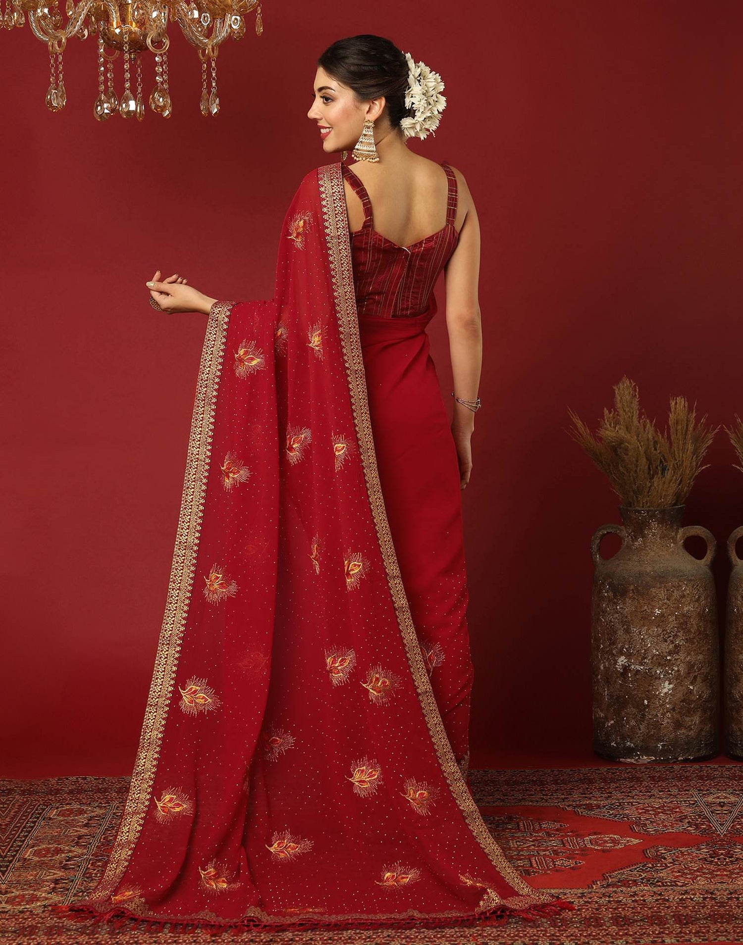 Red Georgette Stone Work Swarovski Saree