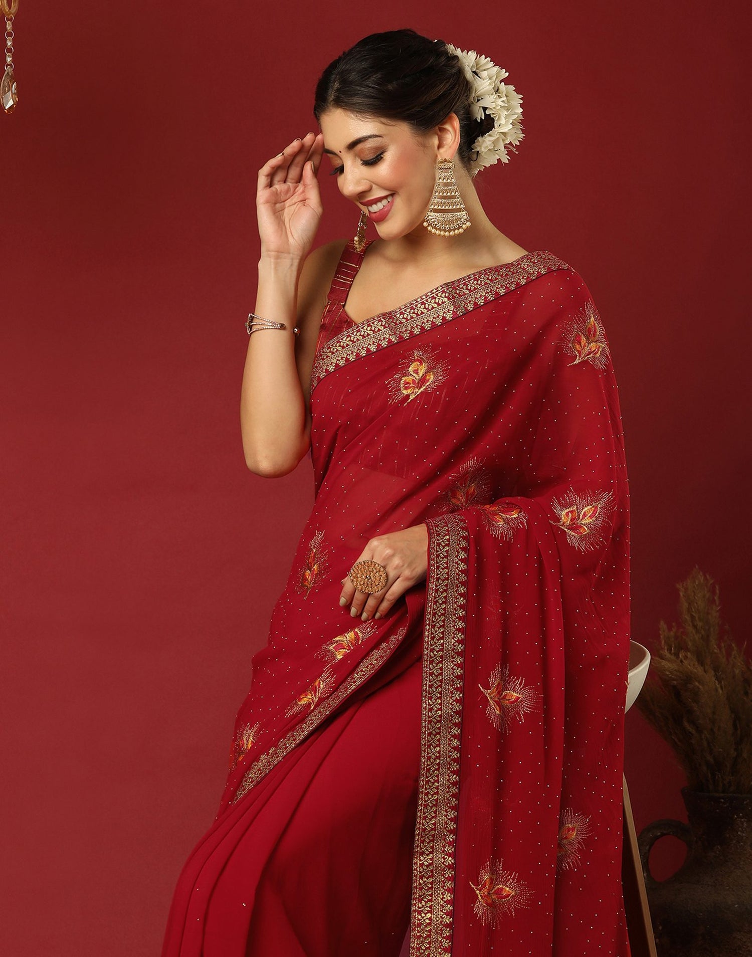Red Georgette Stone Work Swarovski Saree