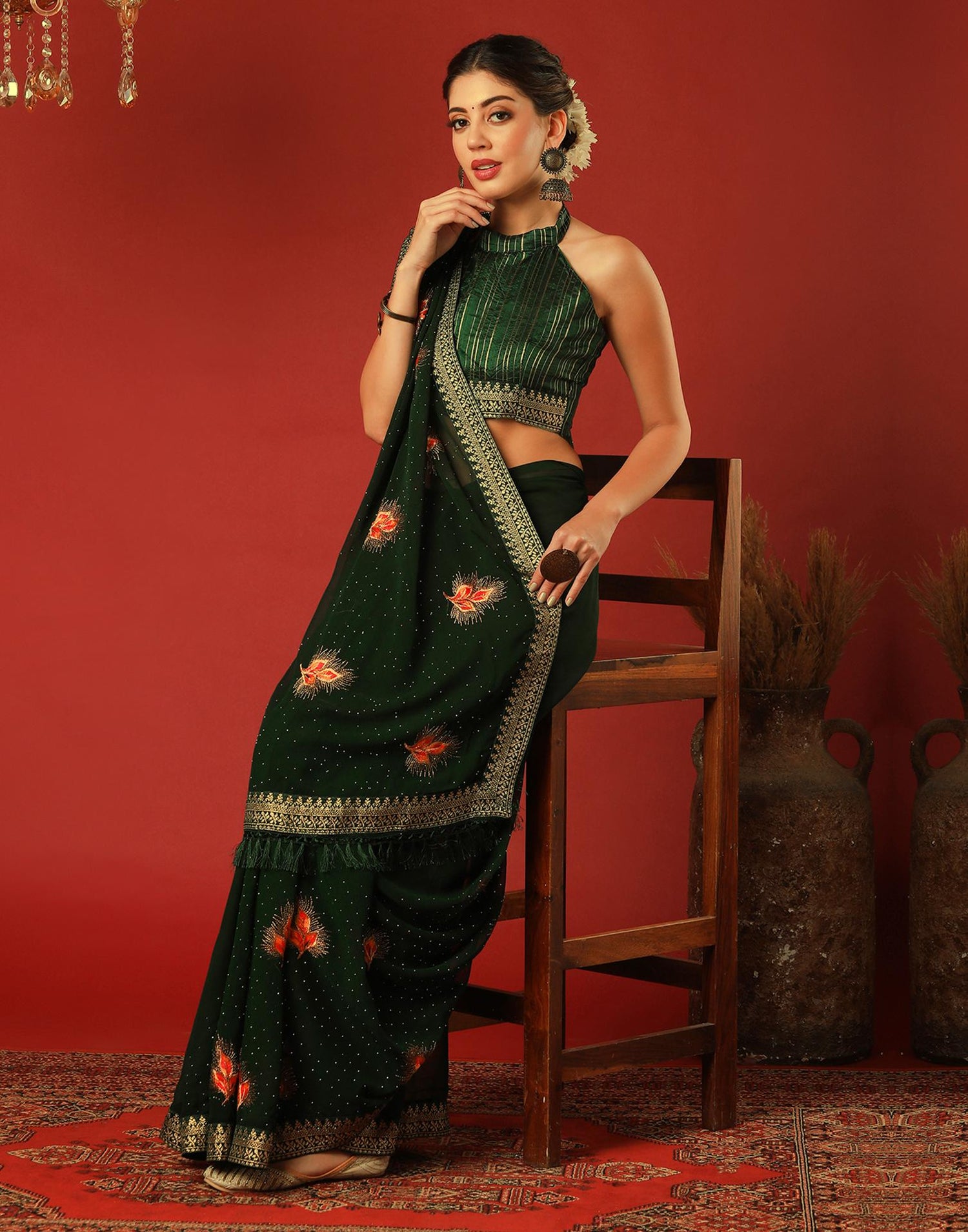 Bottle Green Georgette Stone Work Swarovski Saree