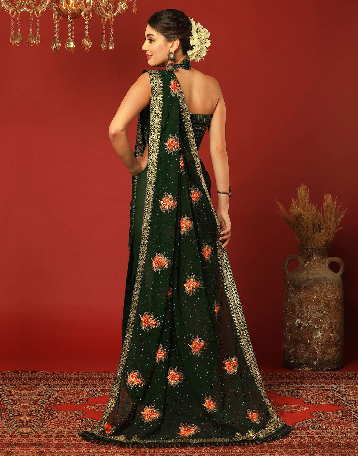 Bottle Green Georgette Stone Work Swarovski Saree