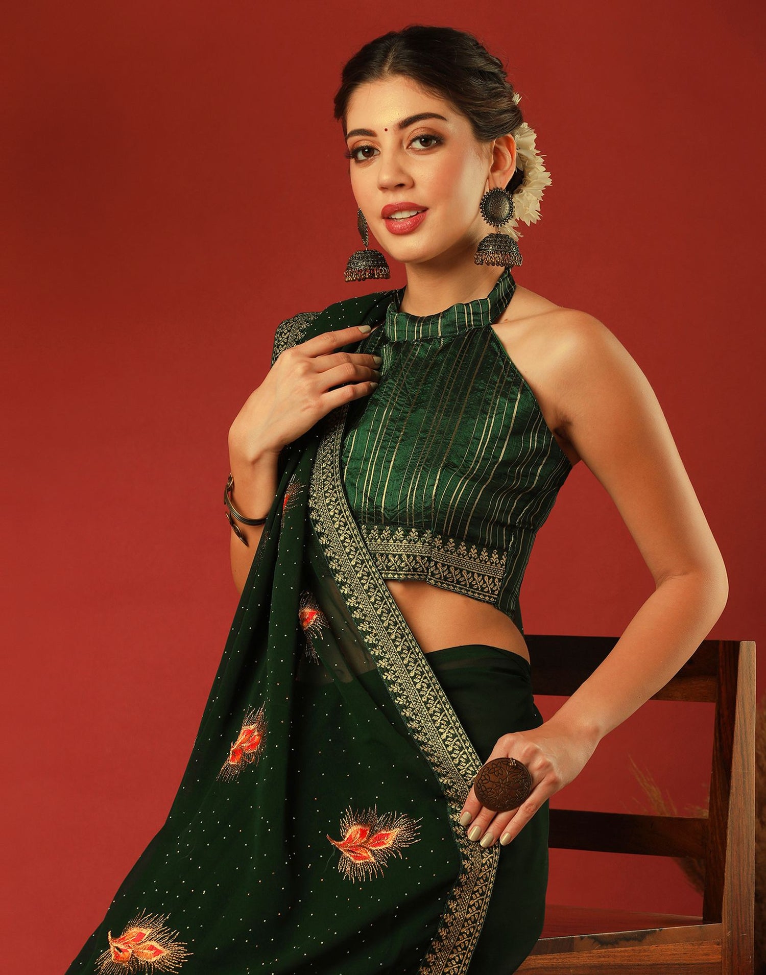 Bottle Green Georgette Stone Work Swarovski Saree