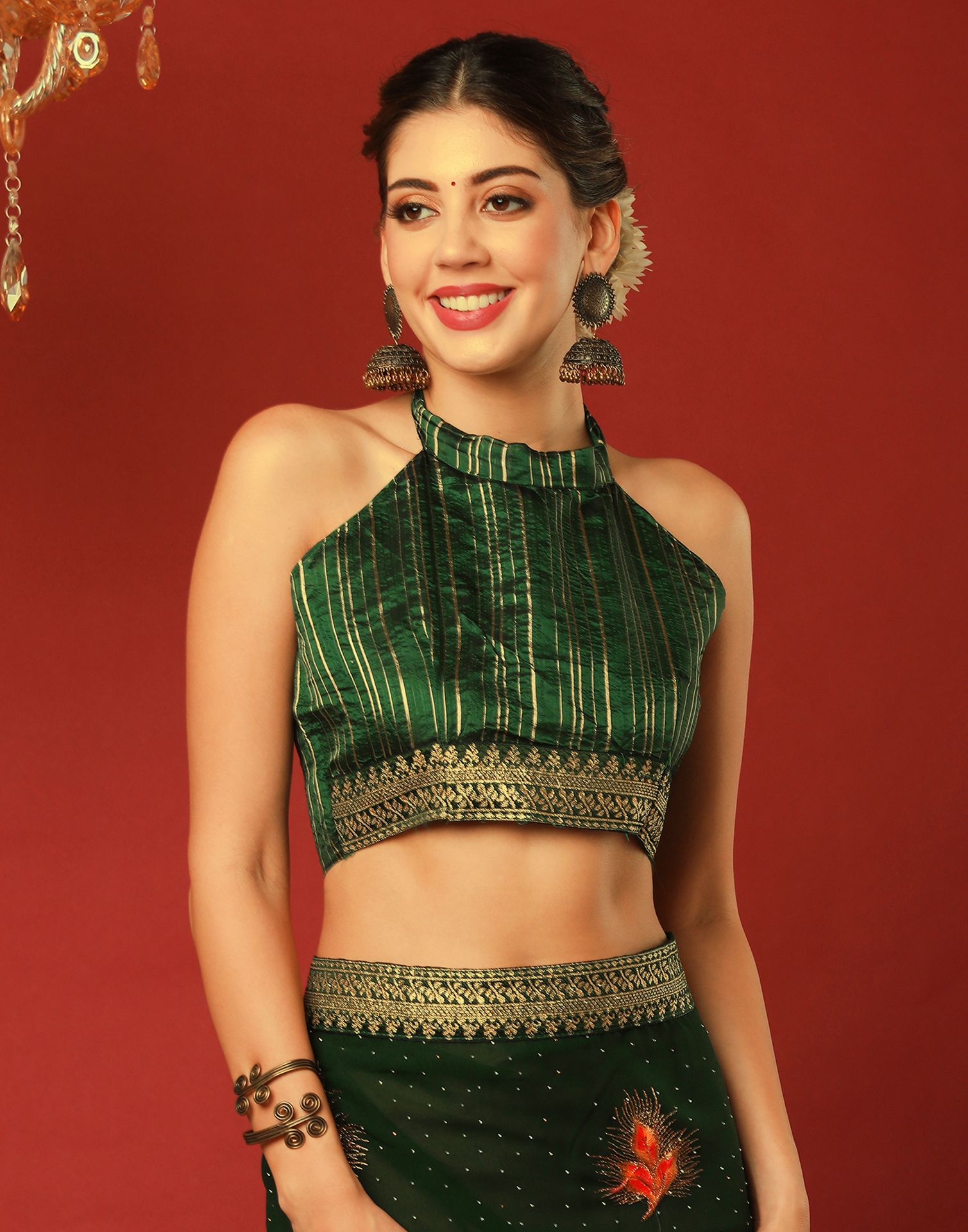 Bottle Green Georgette Stone Work Swarovski Saree