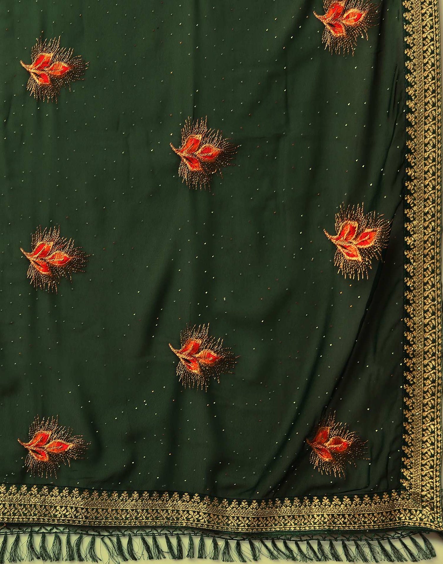 Bottle Green Georgette Stone Work Swarovski Saree