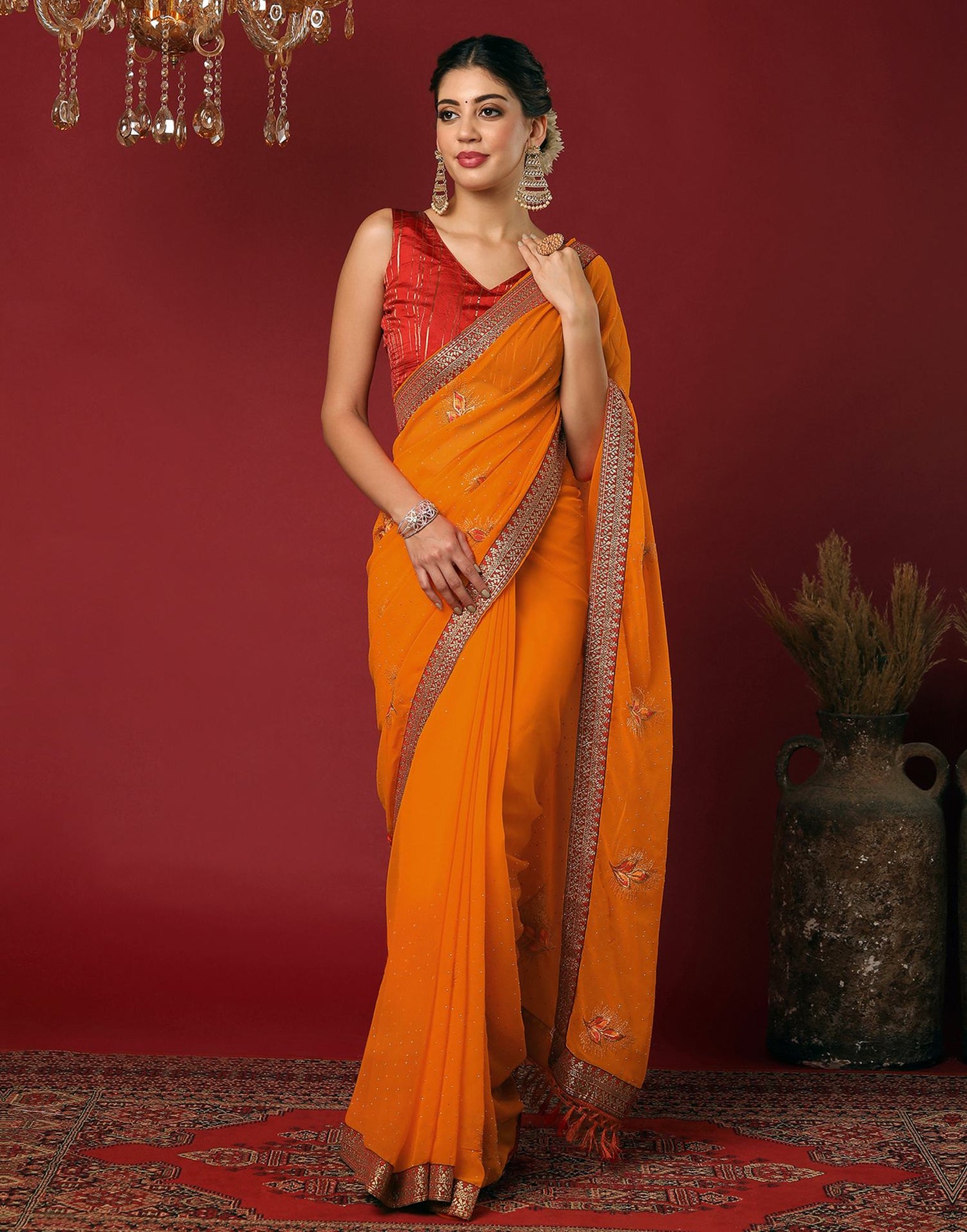Orange Georgette Stone Work Swarovski Saree