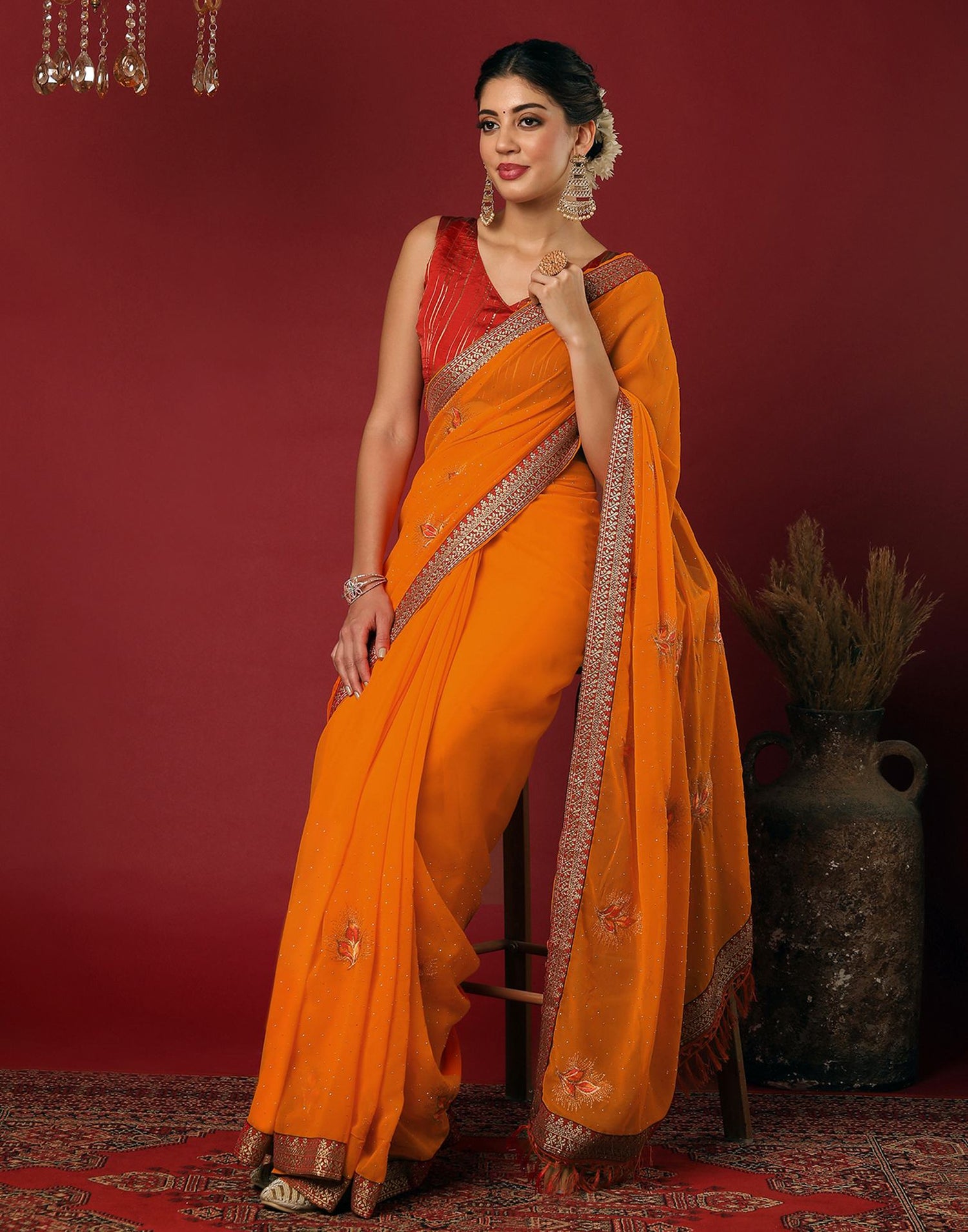 Orange Georgette Stone Work Swarovski Saree