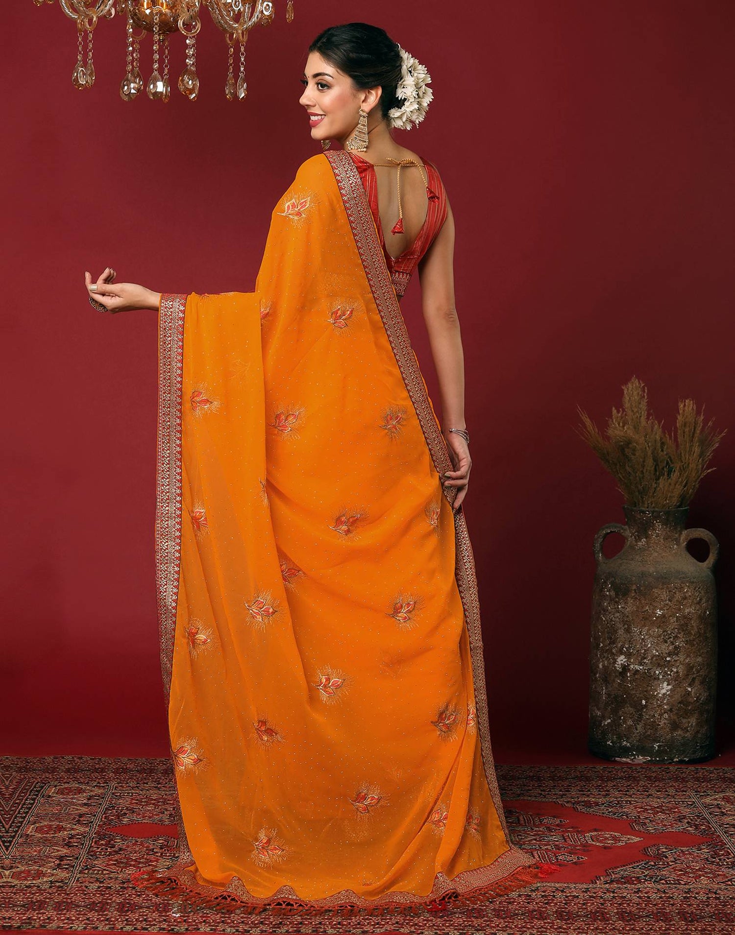 Orange Georgette Stone Work Swarovski Saree