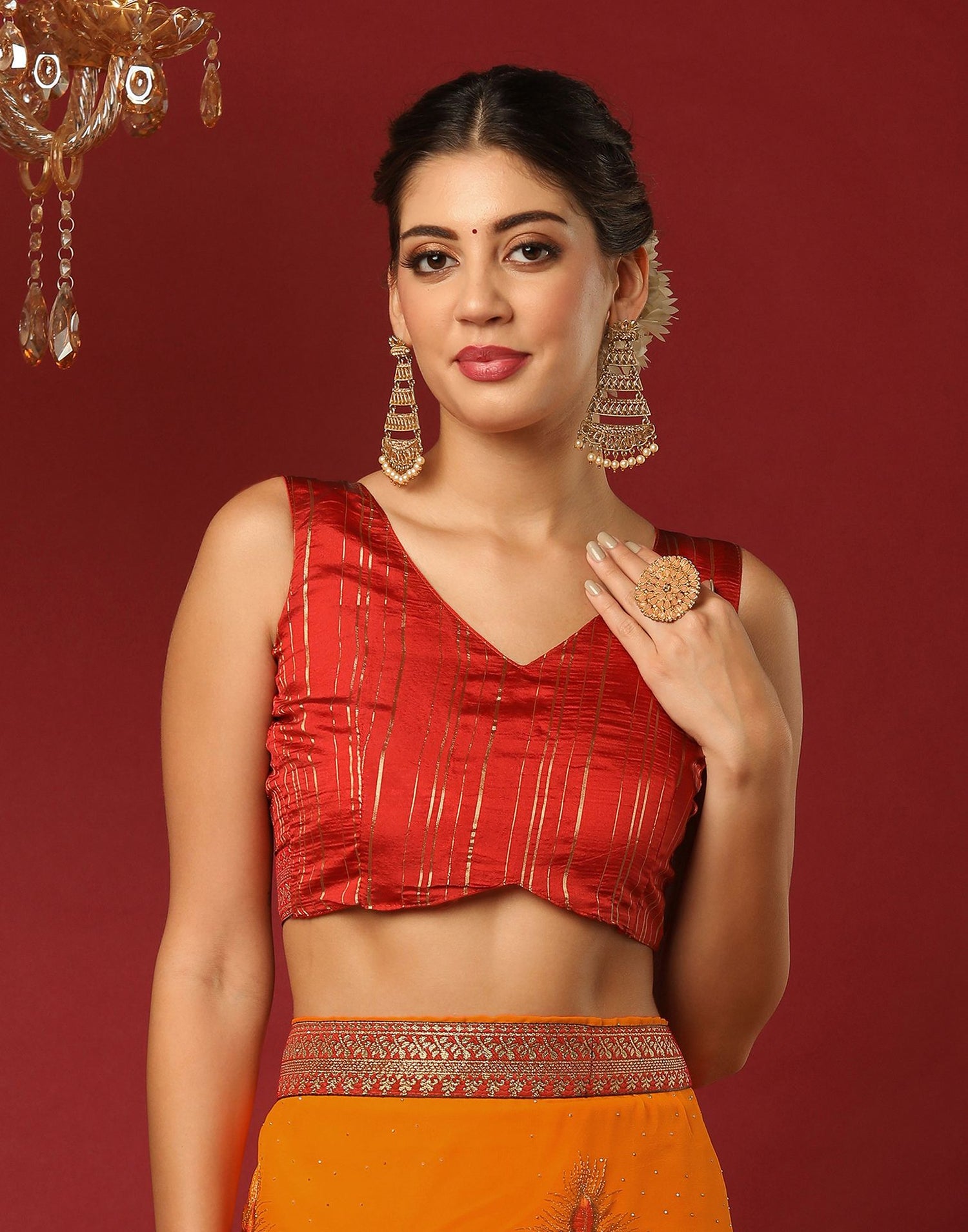 Orange Georgette Stone Work Swarovski Saree