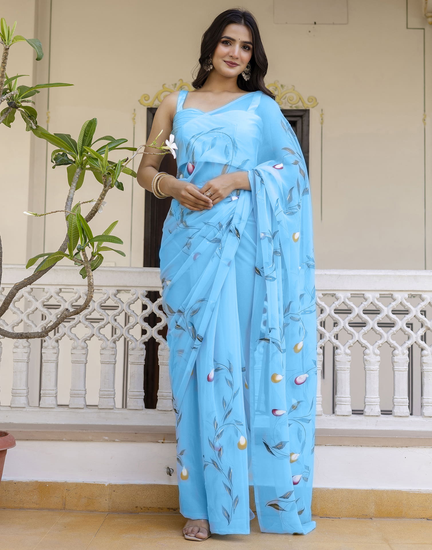 Sky Blue Georgette Foil Printed Saree