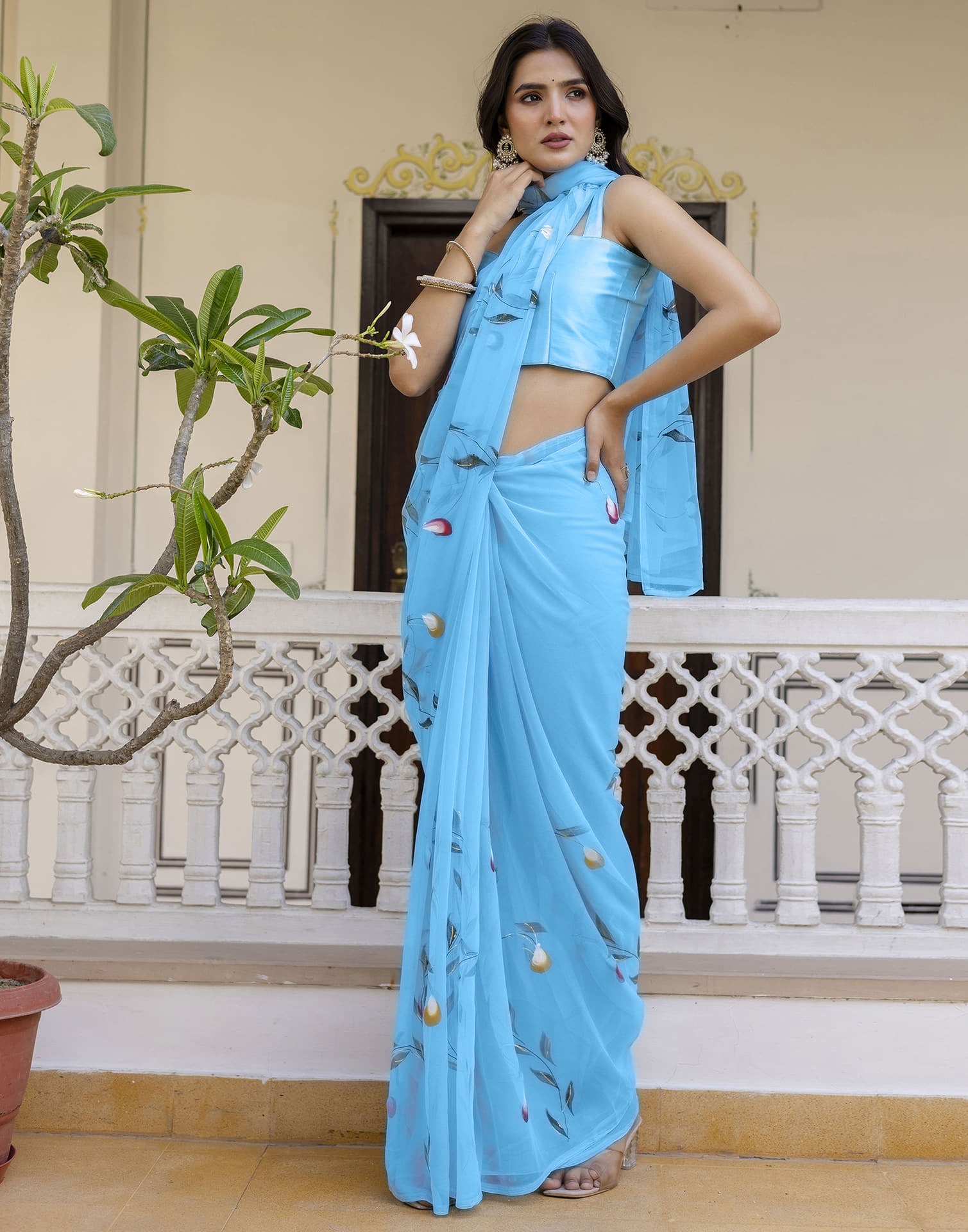 Sky Blue Georgette Foil Printed Saree