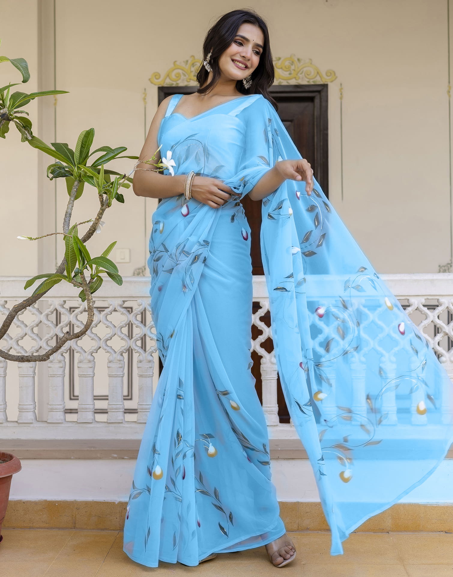 Sky Blue Georgette Foil Printed Saree