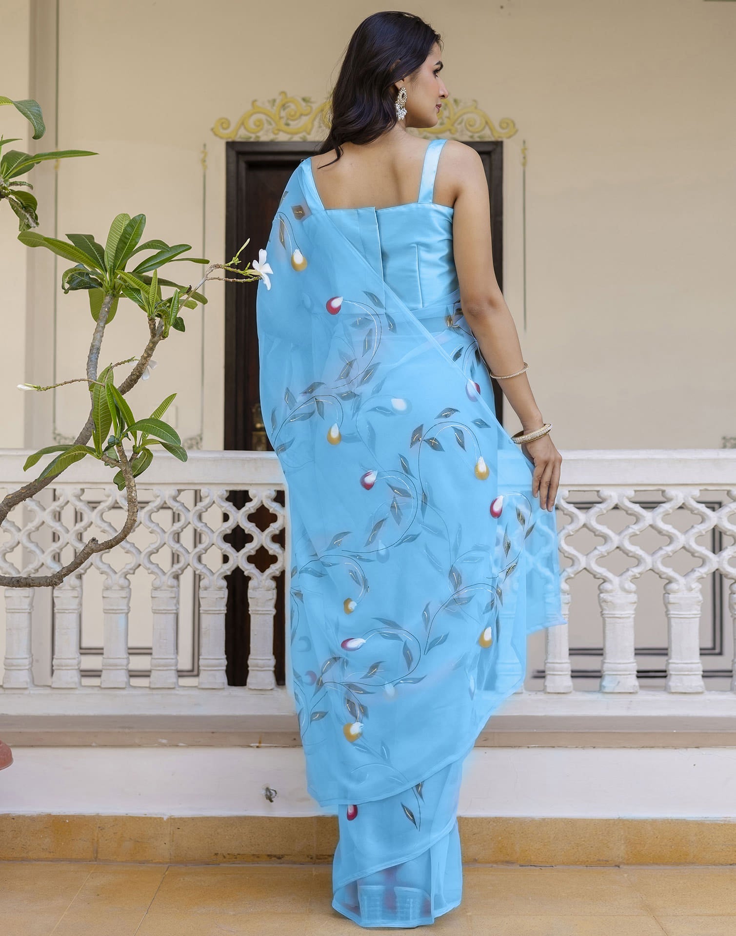 Sky Blue Georgette Foil Printed Saree