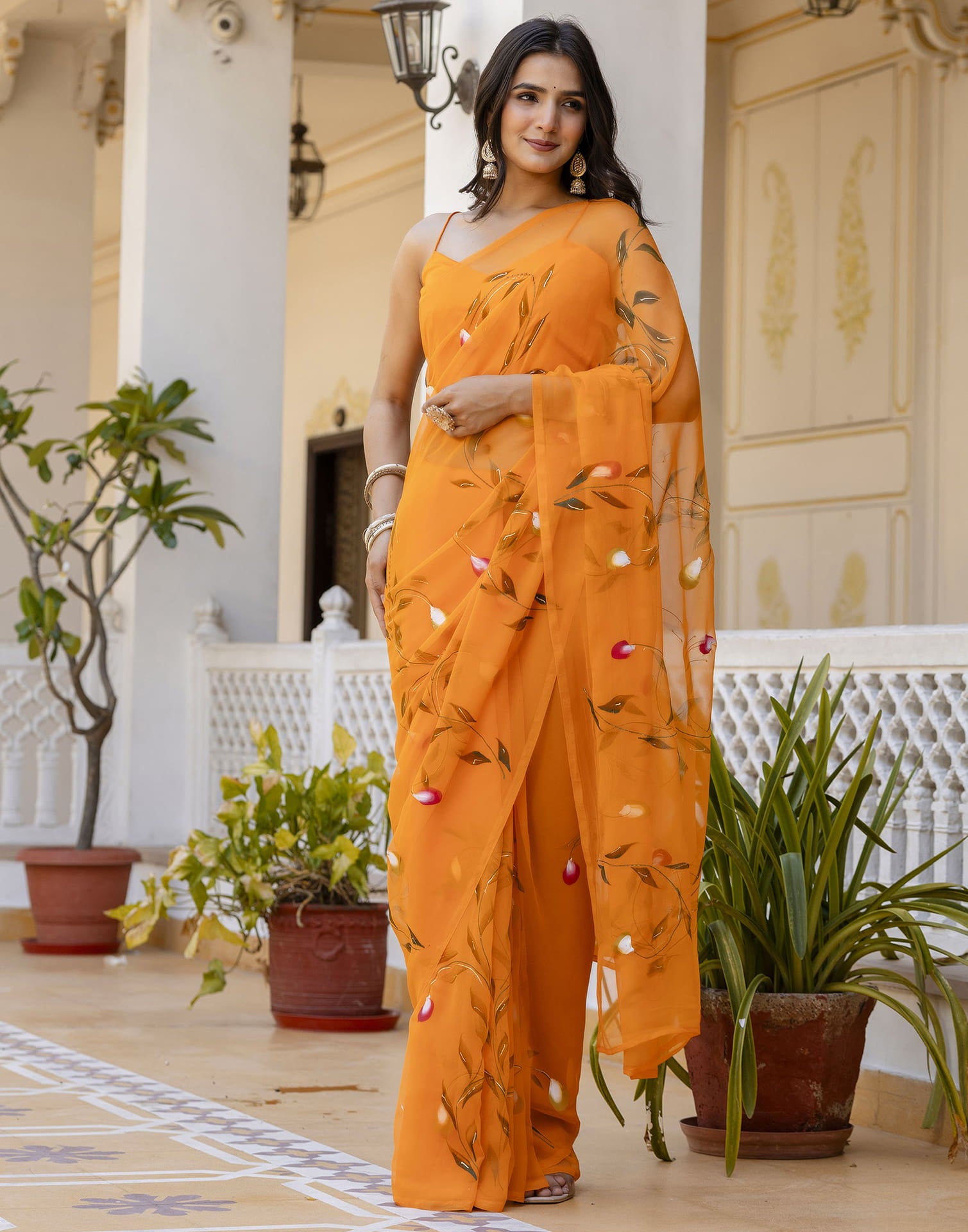 Orange Georgette Foil Printed Saree