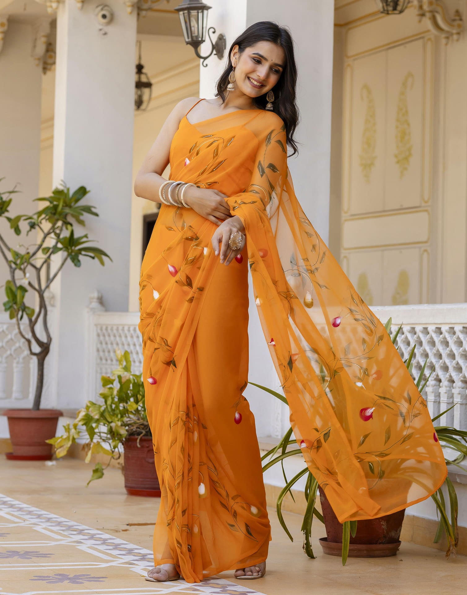 Orange Georgette Foil Printed Saree