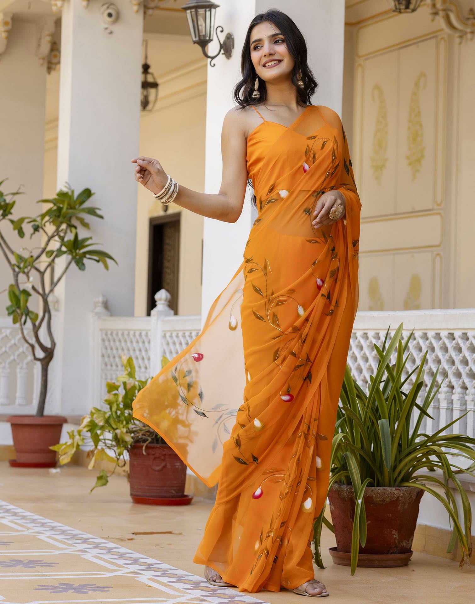 Orange Georgette Foil Printed Saree