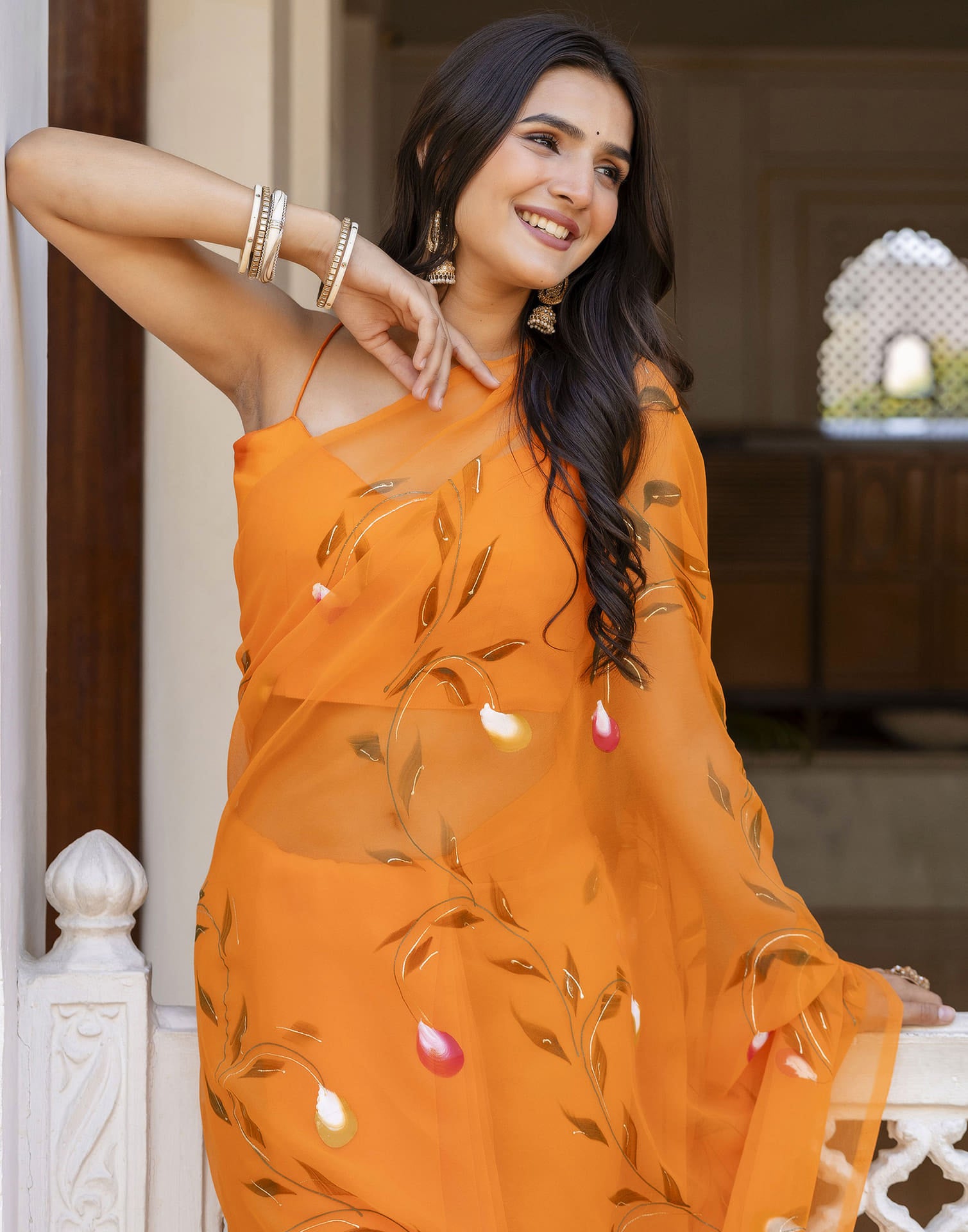 Orange Georgette Foil Printed Saree
