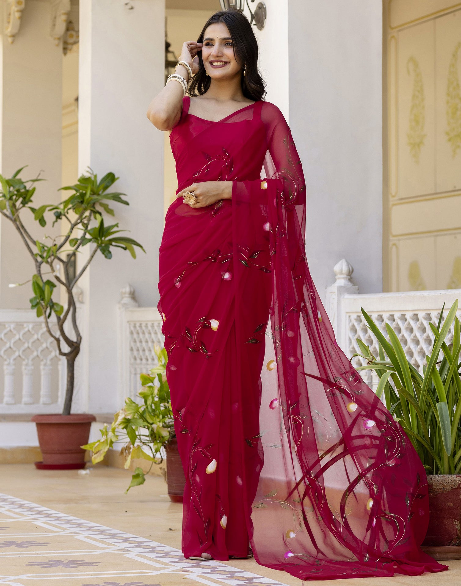 Cherry Red Georgette Foil Printed Saree