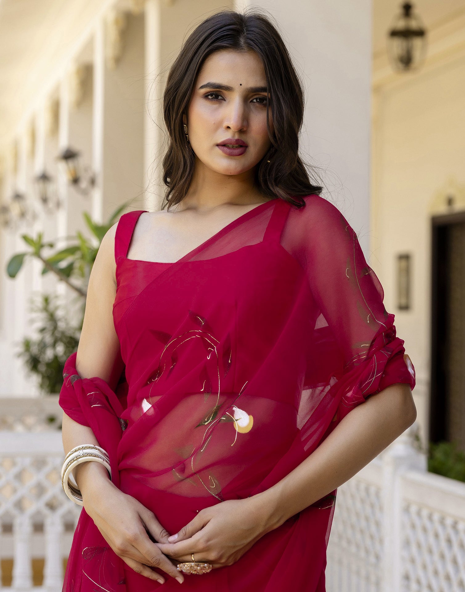 Cherry Red Georgette Foil Printed Saree