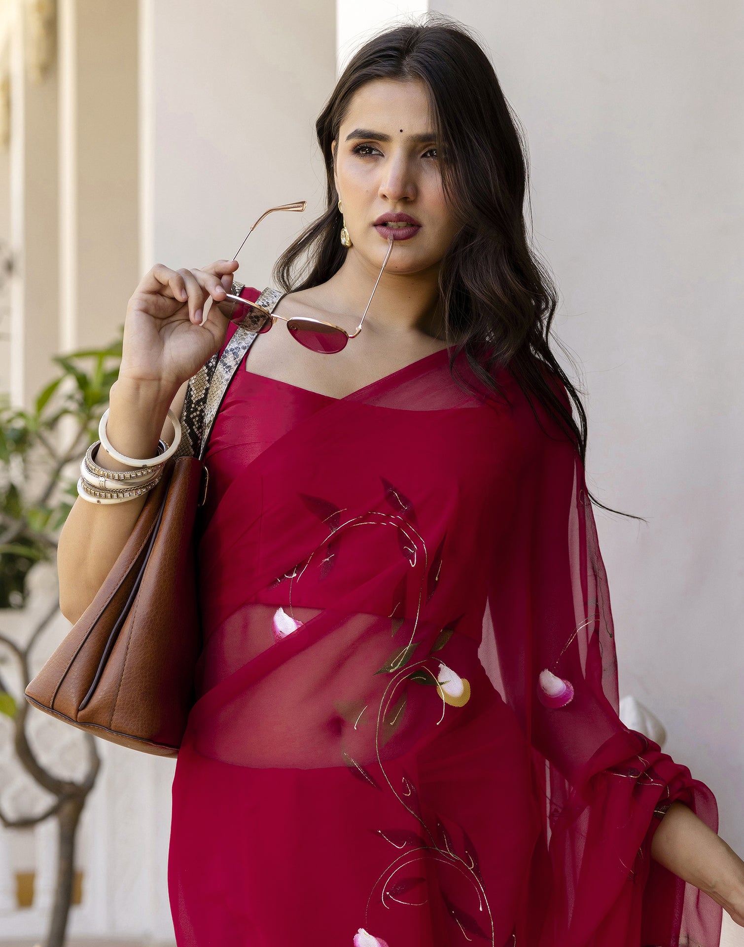 Cherry Red Georgette Foil Printed Saree