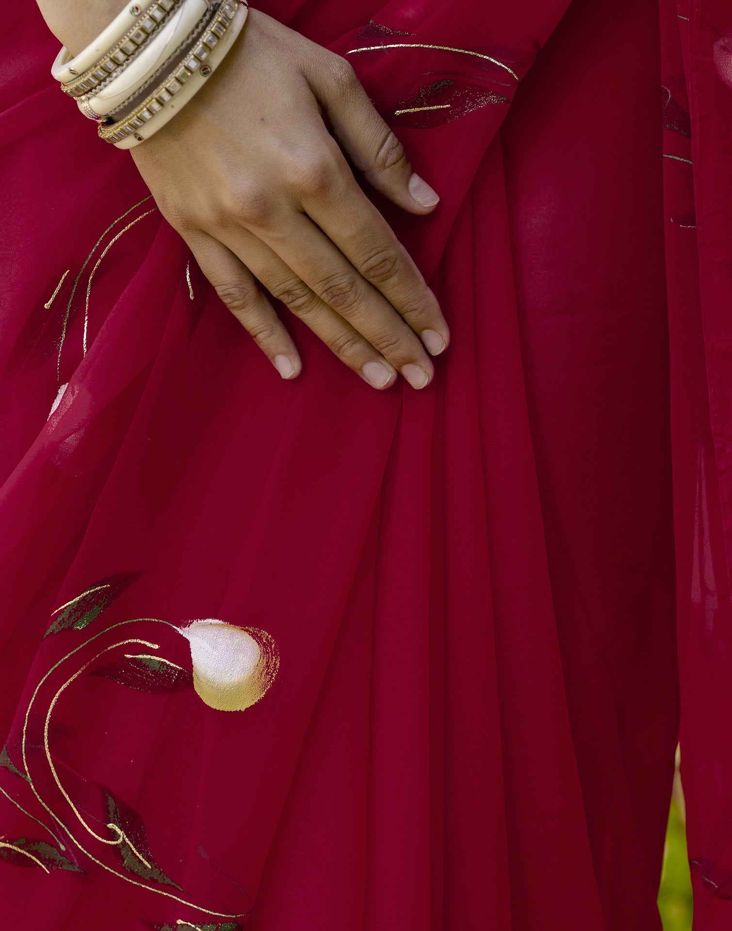 Cherry Red Georgette Foil Printed Saree