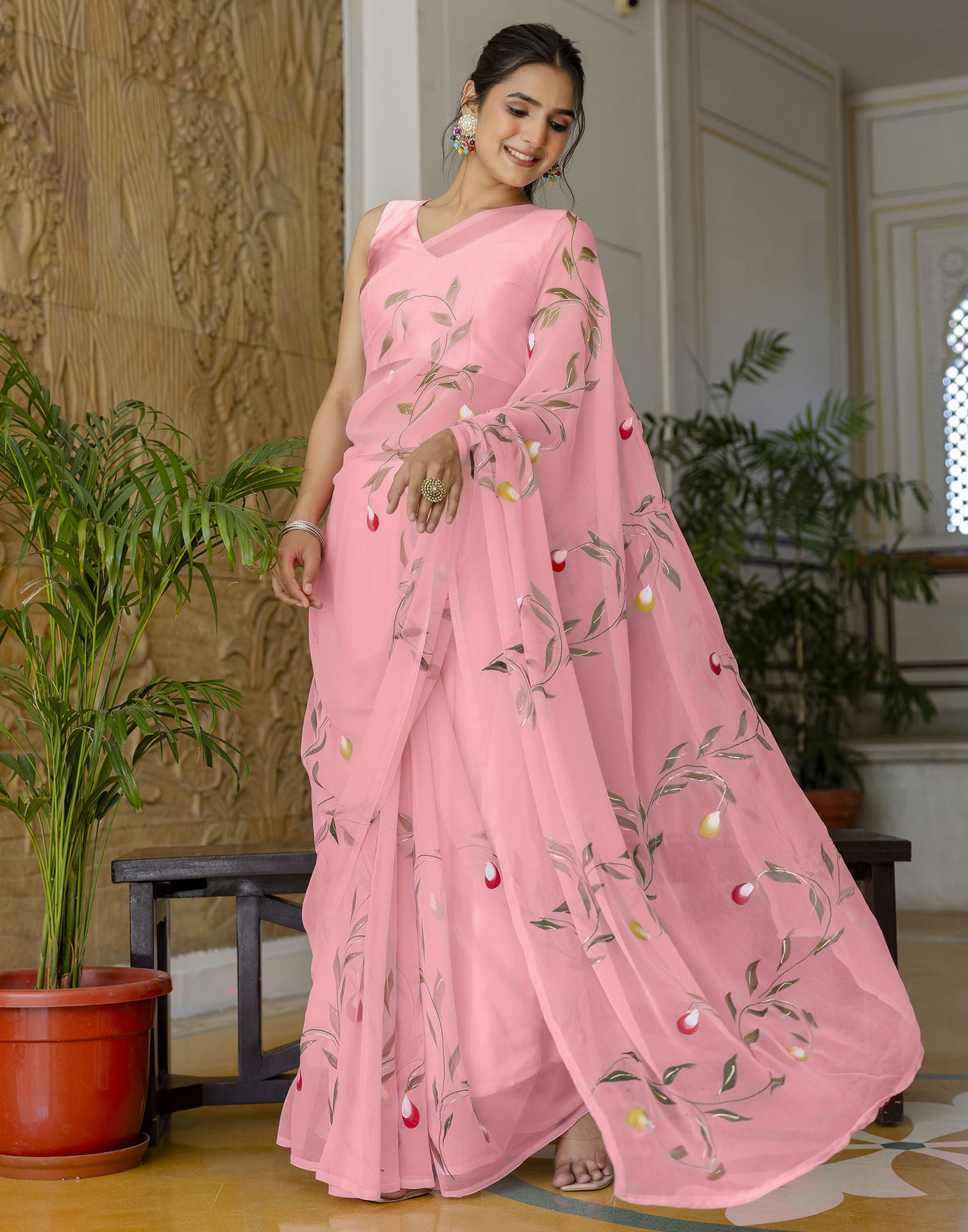 Peach Georgette Foil Printed Saree
