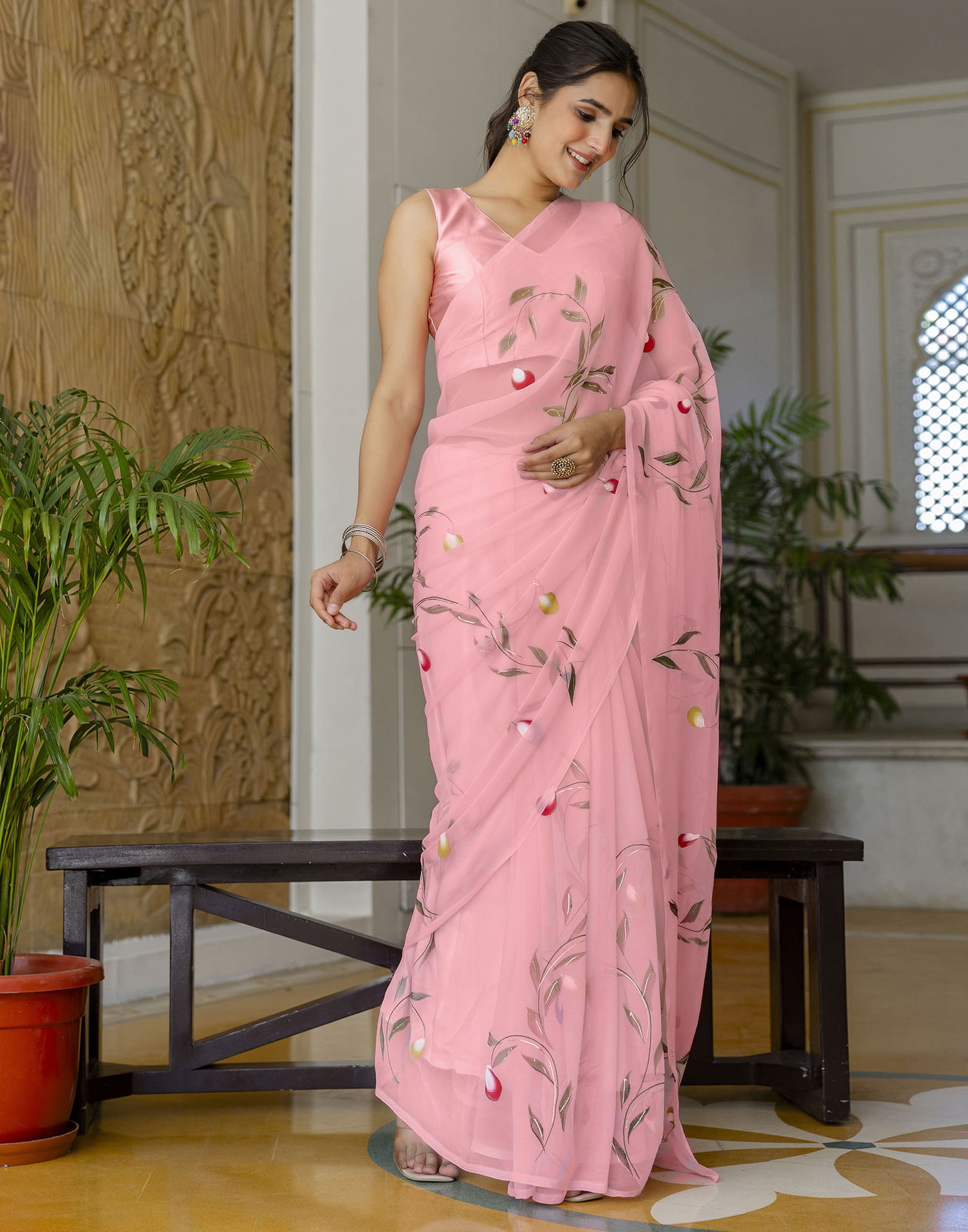 Peach Georgette Foil Printed Saree